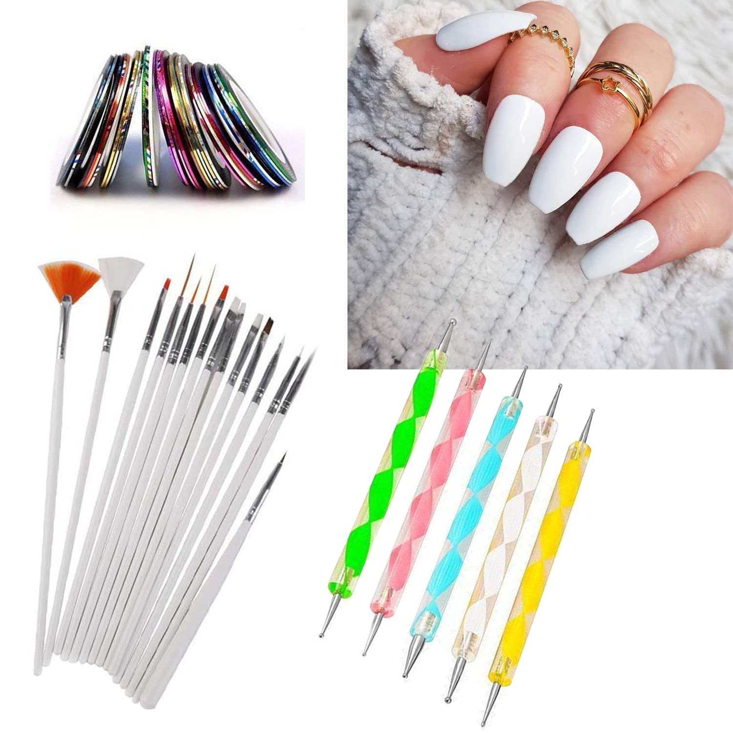31 Pcs Nail Art Kit with 10 Nail Tapes, 15 Nail Art Brushes & 5 Dotting Pens - Professional Manicure Set for DIY Nail Designs at Home or Salon