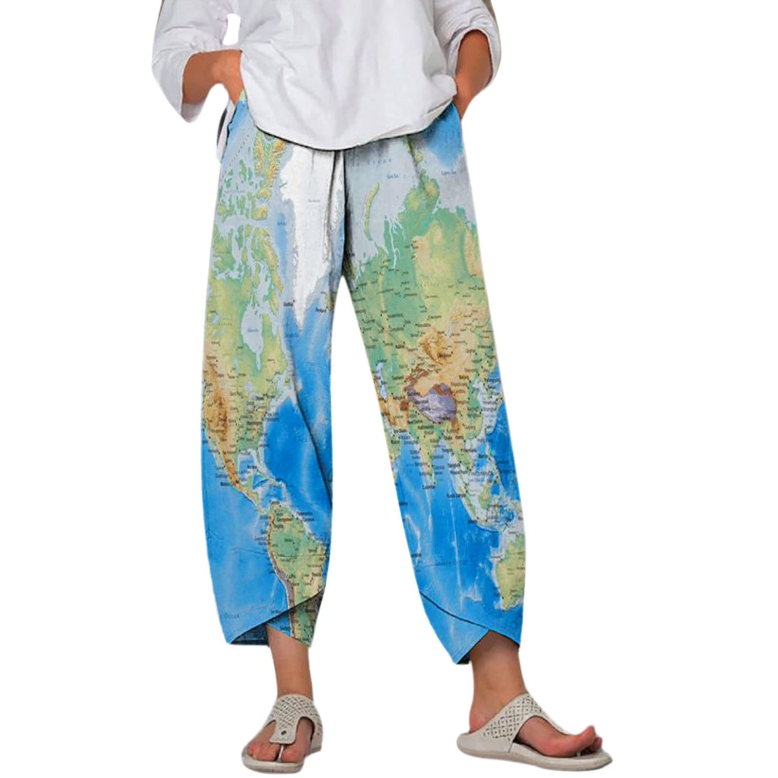 Women's Elastic Waist Wide Leg Pants - Soft Cotton Linen Casual Palazzo Pants for Plus Size | Comfortable Harem Pants & Cropped Loose Trousers | Perfect for Yoga, Travel, and Everyday Wear
