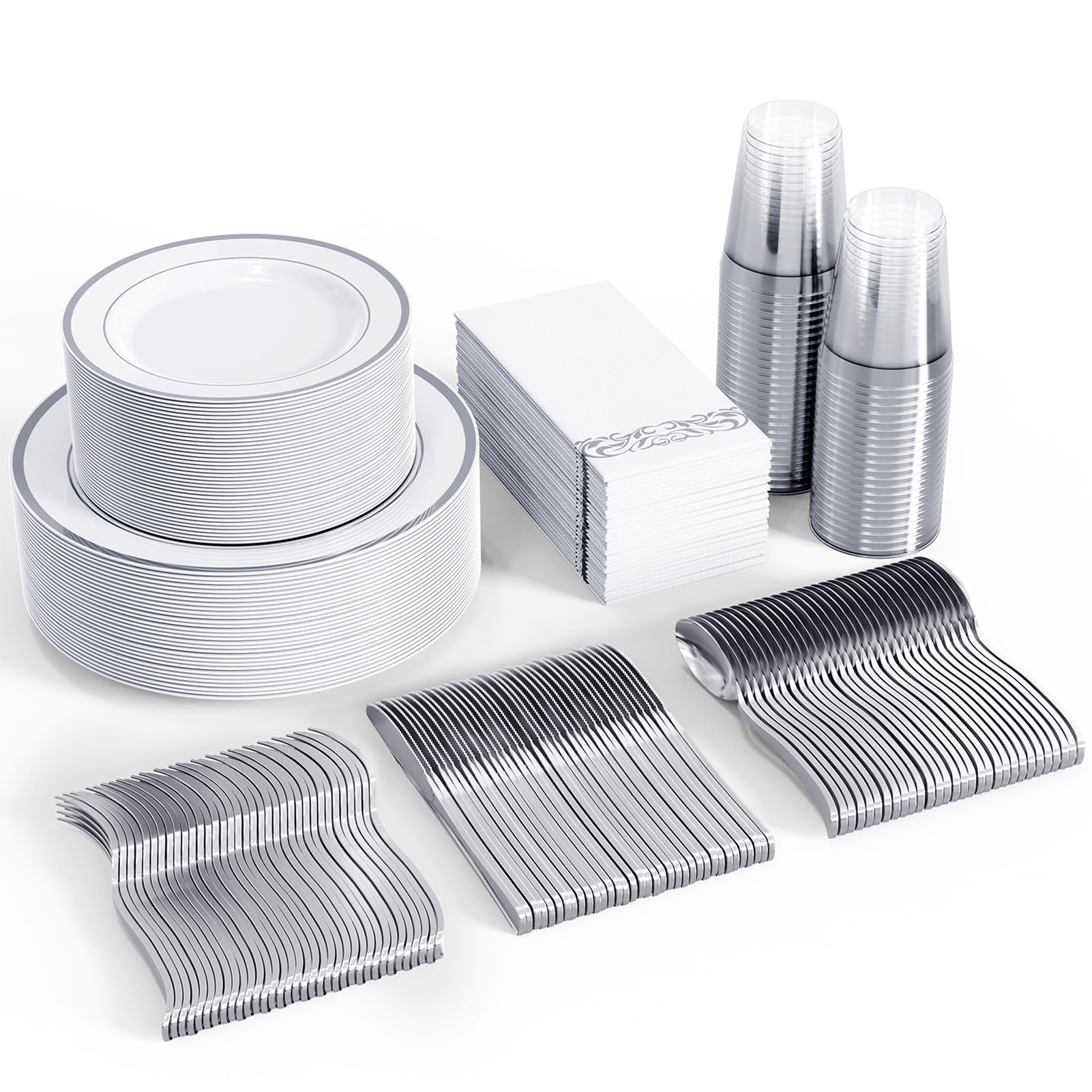 FOCUSLINE 350 Silver & White Heavy Duty Disposable Dinnerware Set for 50 Guests - 50 Dinner Plates, 50 Dessert Plates, 50 Cups, 50 Napkins & 50 Silverware Utensils - Perfect for Weddings, Parties, Catering & Large Events