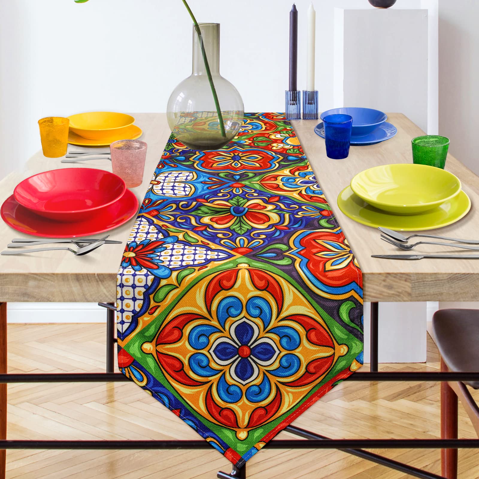 Authentic Mexican Talavera Ceramic Tile Pattern Linen Table Runner - 13