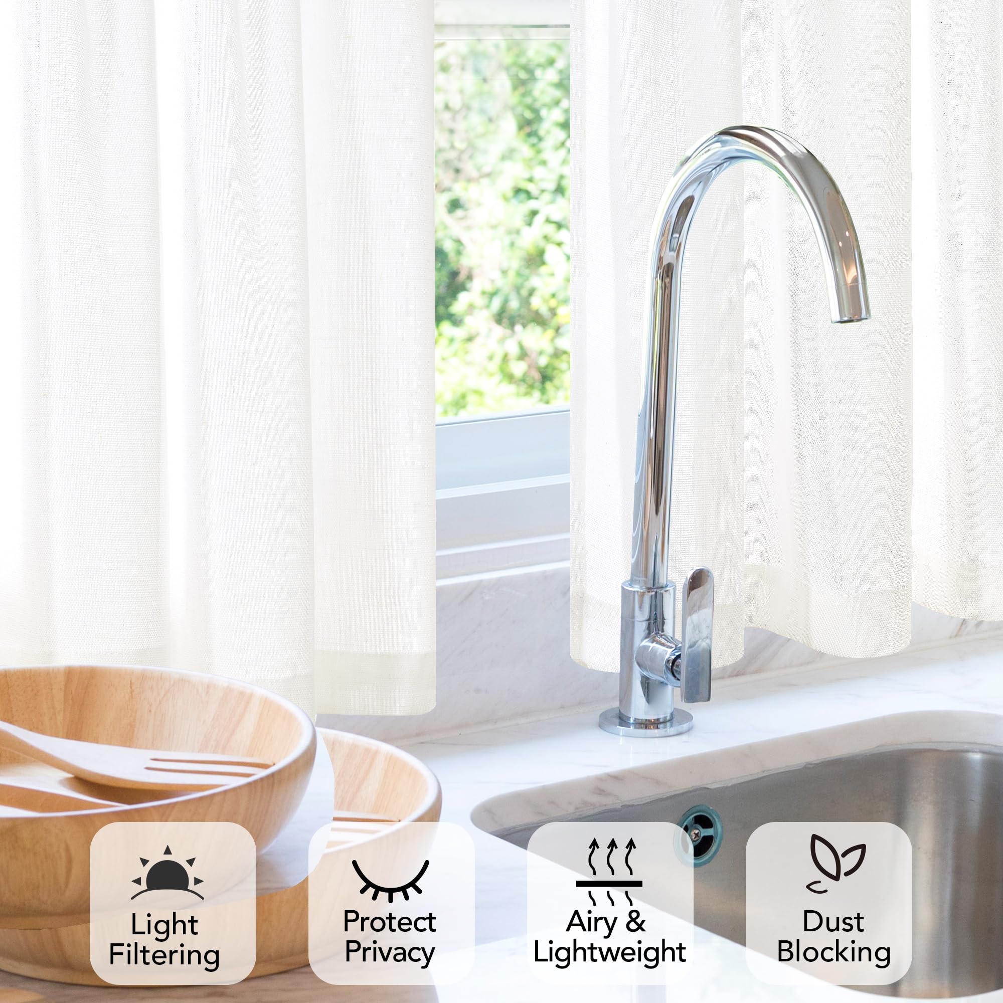 Deconovo 24 Inch Cafe Curtains - Farmhouse Style Rod Pocket Faux Linen Kitchen Window Curtains for Small Windows (26x24 Inch, 2 Panels, Pure White) - Perfect for Cozy Kitchens, Breakfast Nooks & Cottage Style Homes