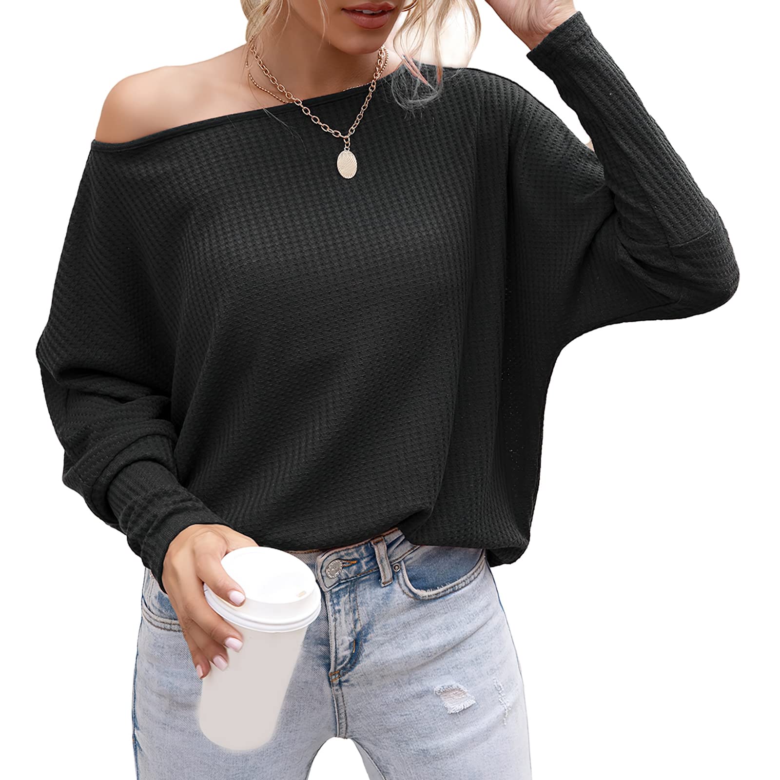 Xaspee Women's Waffle Knit Off Shoulder Long Sleeve Tunic Sweater - Casual Solid Color Pullover Top for Fall, Winter & Layering Outfits