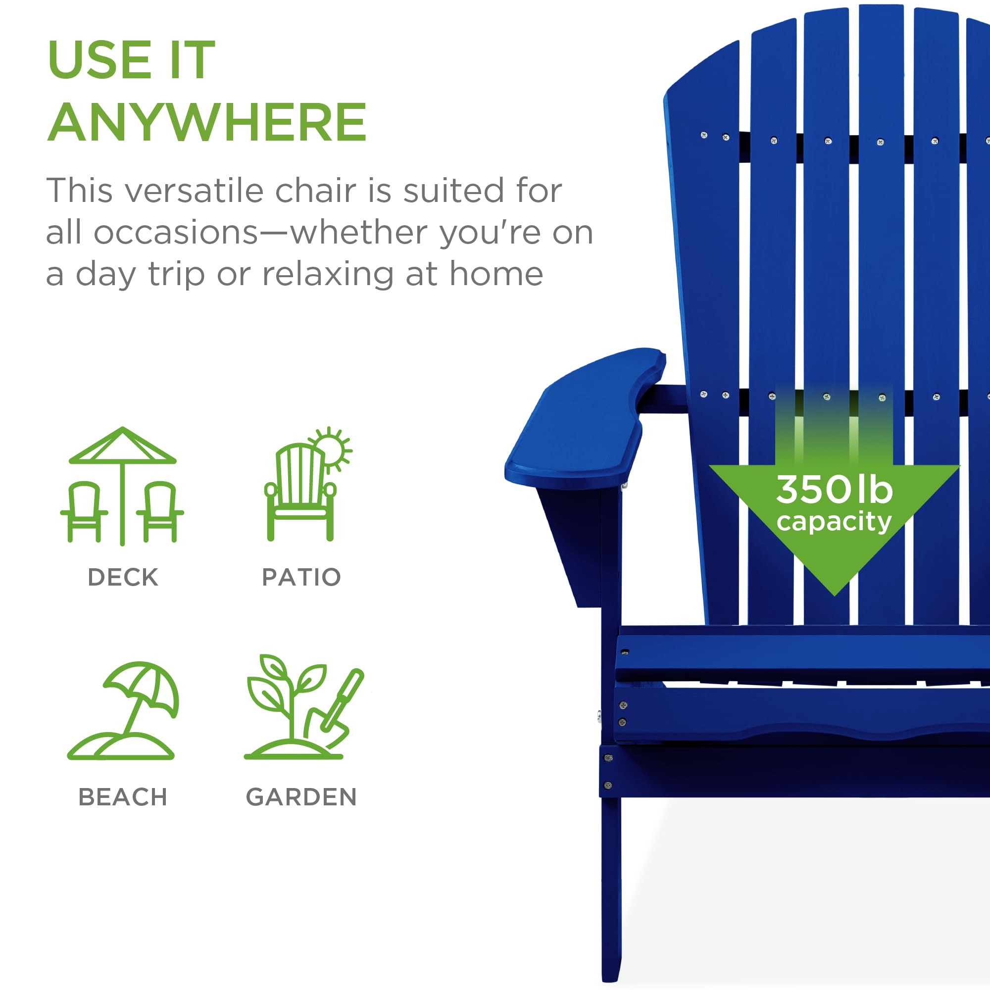 Best Choice Products Folding Adirondack Chair - Outdoor Wooden Patio Lounge Chair with 350lb Weight Capacity for Yard, Garden, Fire Pit & Backyard Relaxation - Blue