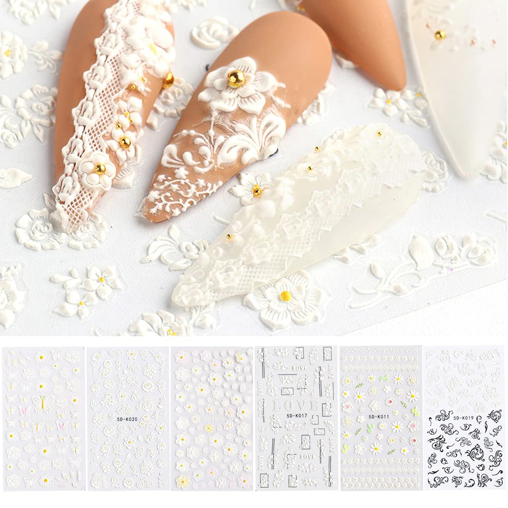 5D 3D Flower Nail Art Stickers - Embossed Lace Butterfly Nail Decals with Stereoscopic Engraved Patterns for Spring Summer Nail Decorations (Black & White) | DIY Manicure, Salon Nail Design, Party & Wedding Nail Art