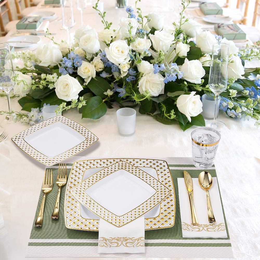 FOCUSLINE 175-Piece Gold Disposable Dinnerware Set for 25 Guests - Elegant Square Plastic Plates with Diamond Design - Includes 25 Dinner Plates, 25 Dessert Plates, 25 Napkins, 25 Cups & 25-Piece Silverware Set - Perfect for Weddings, Parties, Banquets & Special Events