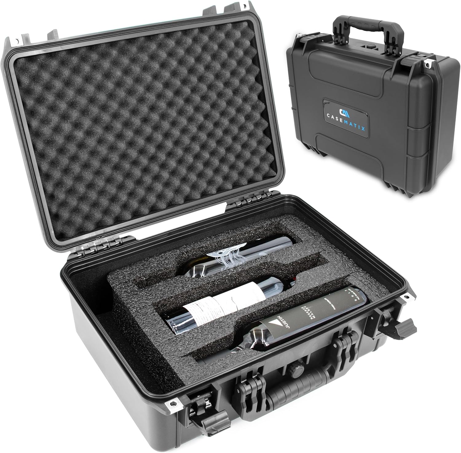 CASEMATIX 3-Bottle Hard Shell Wine Suitcase - Waterproof Wine Travel Case with Custom Foam, Removable Spacers & Storage Compartment - Perfect for Air Travel, Gifts & Wine Tours