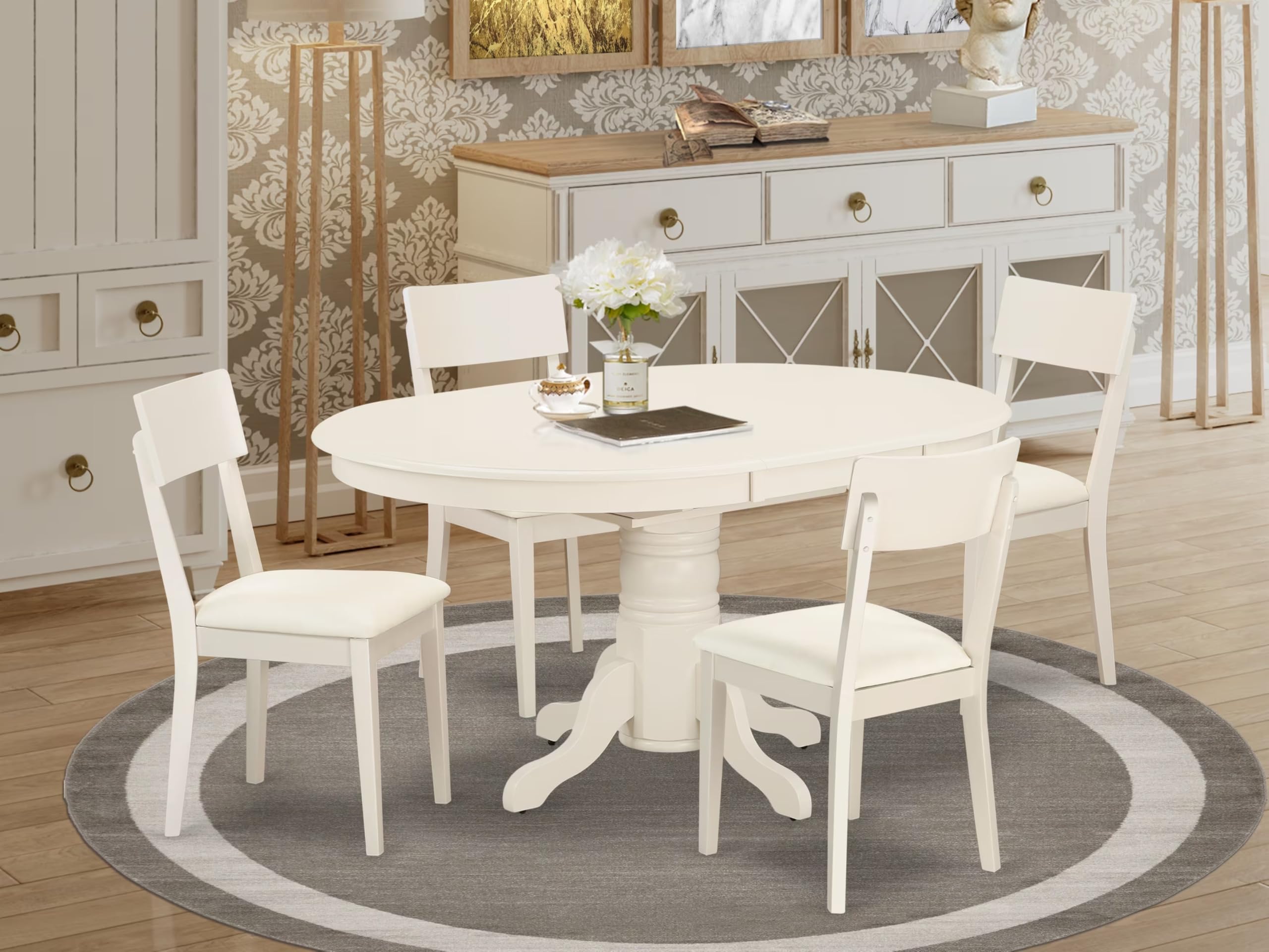 East West Furniture AVAD5-LWH-LC 5-Piece Modern Dining Room Set - 42x60 Inch Oval Wooden Table with Butterfly Leaf & 4 Faux Leather Chairs, Linen White - Perfect for Small Spaces, Kitchen, Breakfast Nook & Apartment Dining