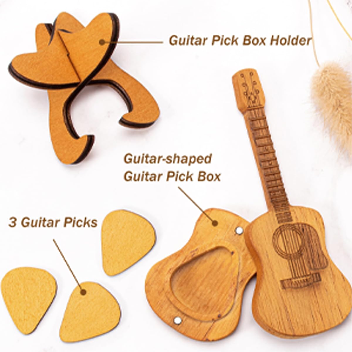 **Premium Wooden Guitar Pick Box with Stand - 3 Unique Engraved Plectrums Included | Compact Storage Case for Acoustic, Electric, Bass & Ukulele Players | Perfect Gift for Musicians & Guitar Lovers**    *(Use: Organize picks neatly on your desk, music studio, or gig bag - ideal for practice, performances, and collector displays!)*