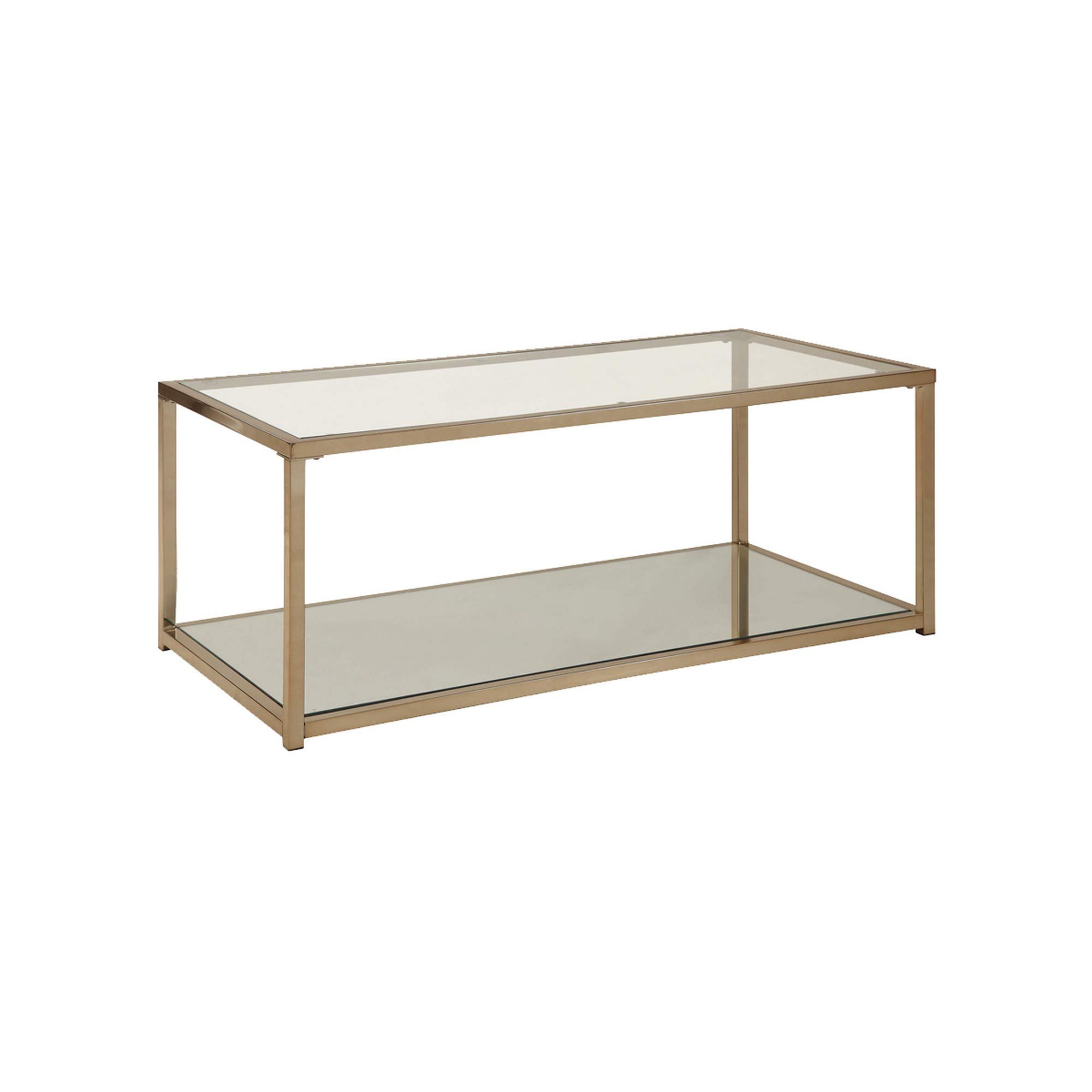 Benjara Modern Glass Top Coffee Table with Sturdy Metal Frame & Open Shelf - Brass Finish for Living Room, Lounge, or Office Decor
