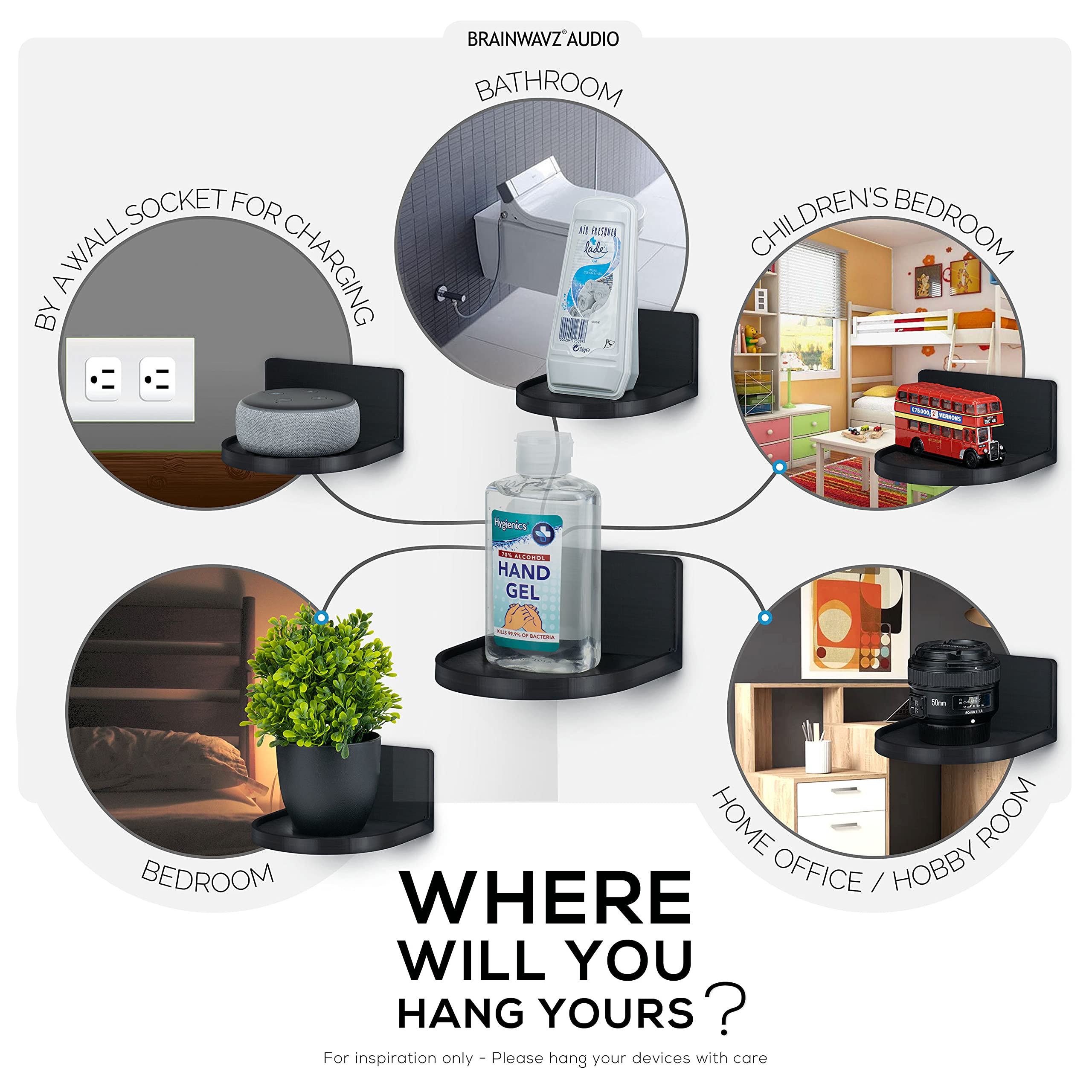 BRAINWAVZ Universal Screwless Round Floating Shelf Mount - Strong Adhesive for Security Cameras, Baby Monitors, Speakers, Plants & Toys - Easy to Install 4.6” x 4.2” (CF125) Black - Perfect for Home, Office & Nursery Organization