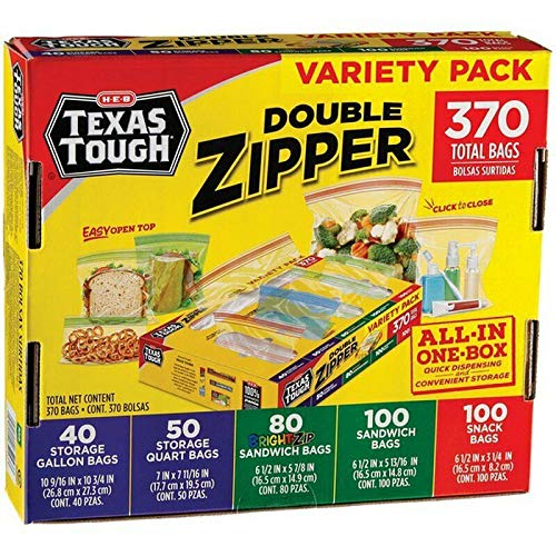 Texas Tough Storage Bags - 370-Pack Variety with Double Zipper | Gallon, Quart, Sandwich & Snack Size Food Storage Bags | Perfect for Meal Prep, Freezer Storage & On-the-Go Snacks