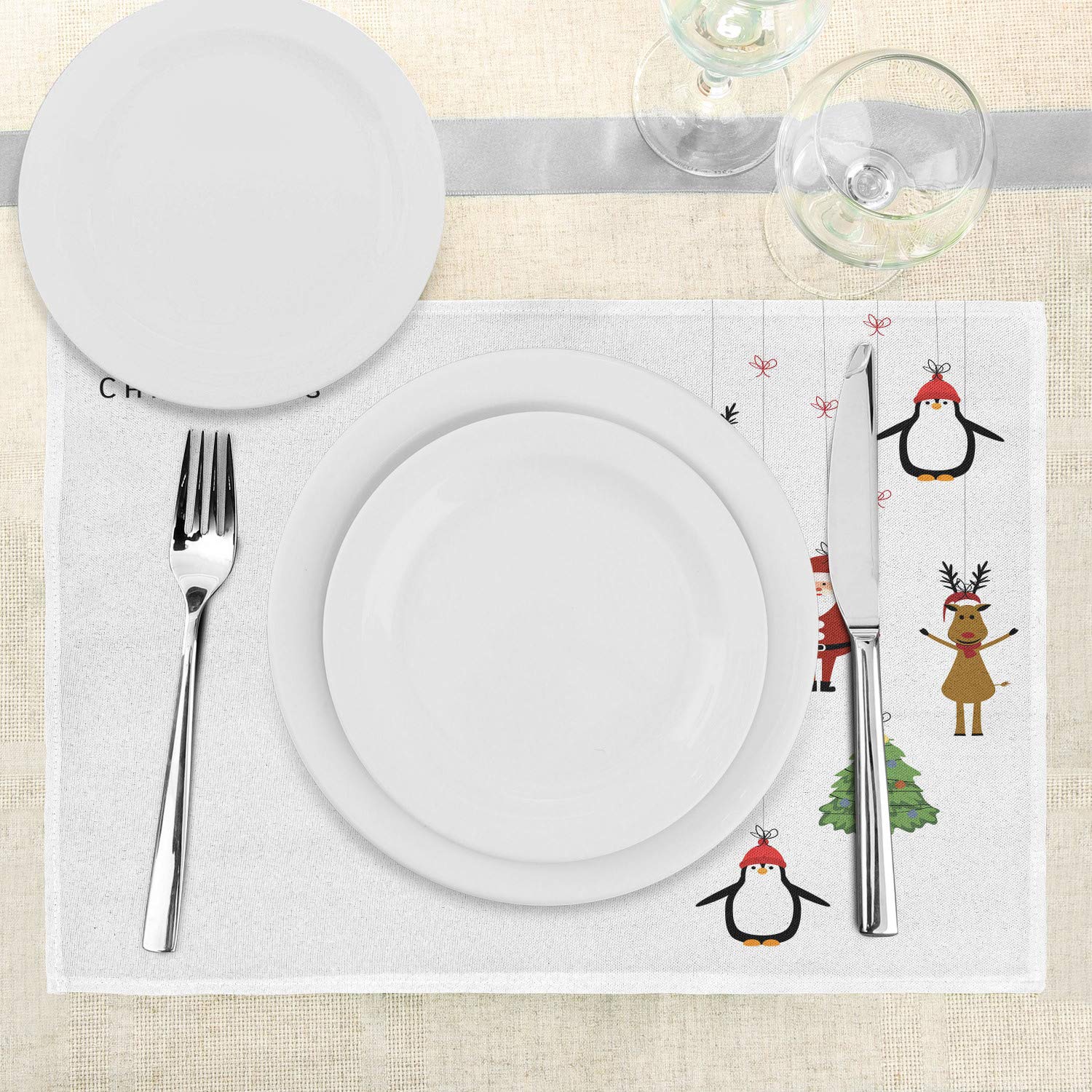 Ambesonne Christmas Place Mats Set of 4 - Festive Holiday Table Decor with Reindeer, Santa, Penguins & Christmas Tree Stripes - Washable Fabric Placemats for Dining Room & Kitchen - Perfect for Holiday Parties, Family Gatherings & Christmas Dinner Decorations