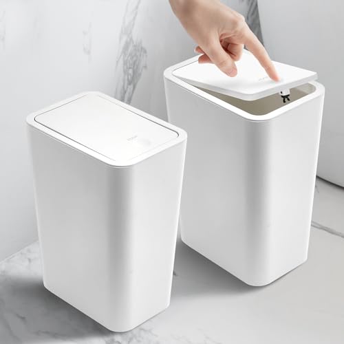 EmoH 2.6 Gallon Small Trash Can with Press Top Lid - Plastic Wastebasket with Pop-up Lid for Bathroom, Toilet, Office, Bedroom & Living Room (2 Pack, White) - Perfect for Home, Office & Commercial Spaces