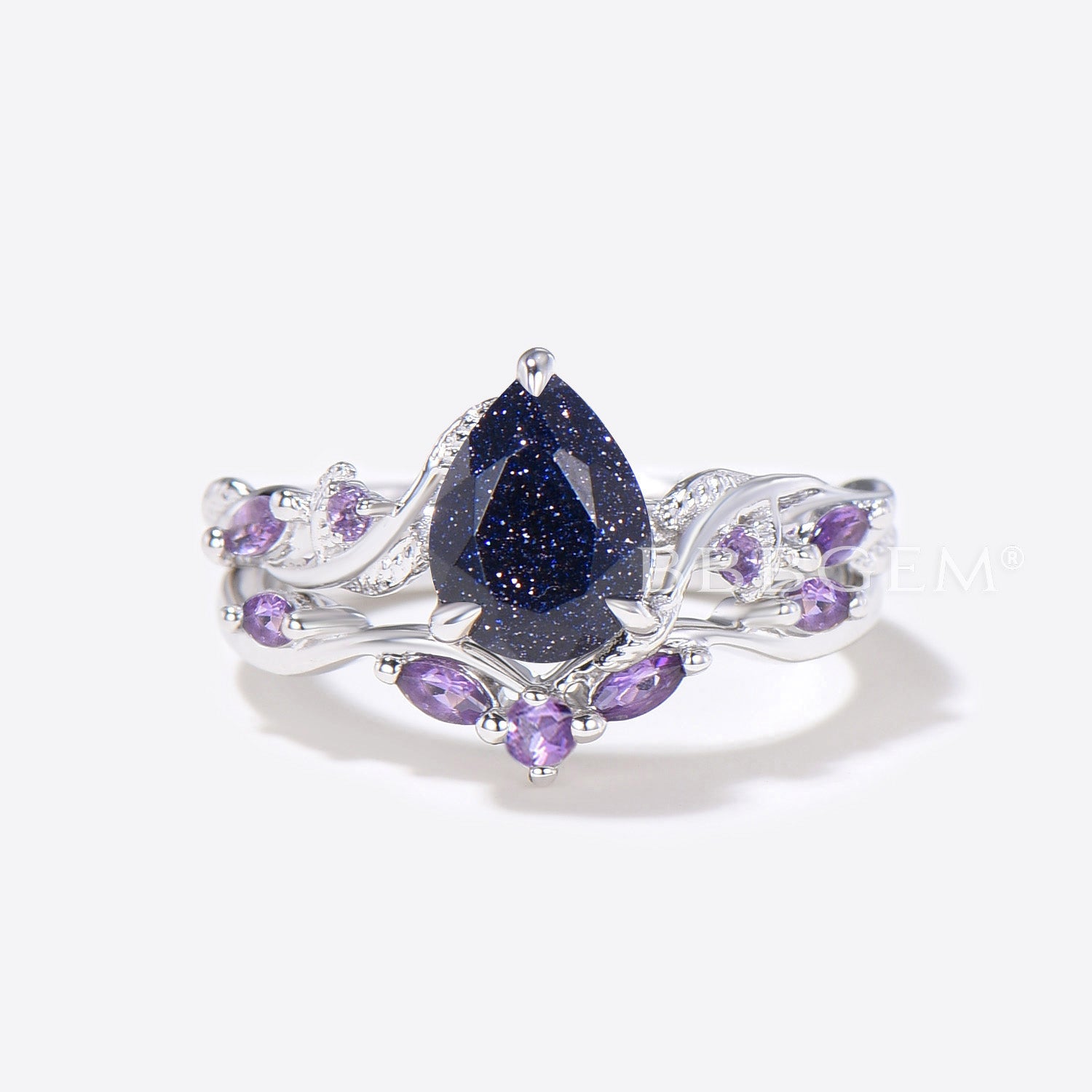 Twig Leaf Pear Blue Sandstone & Amethyst Ring Set - Elegant Cluster Gemstone Jewelry for Women - Perfect for Weddings, Parties & Everyday Wear