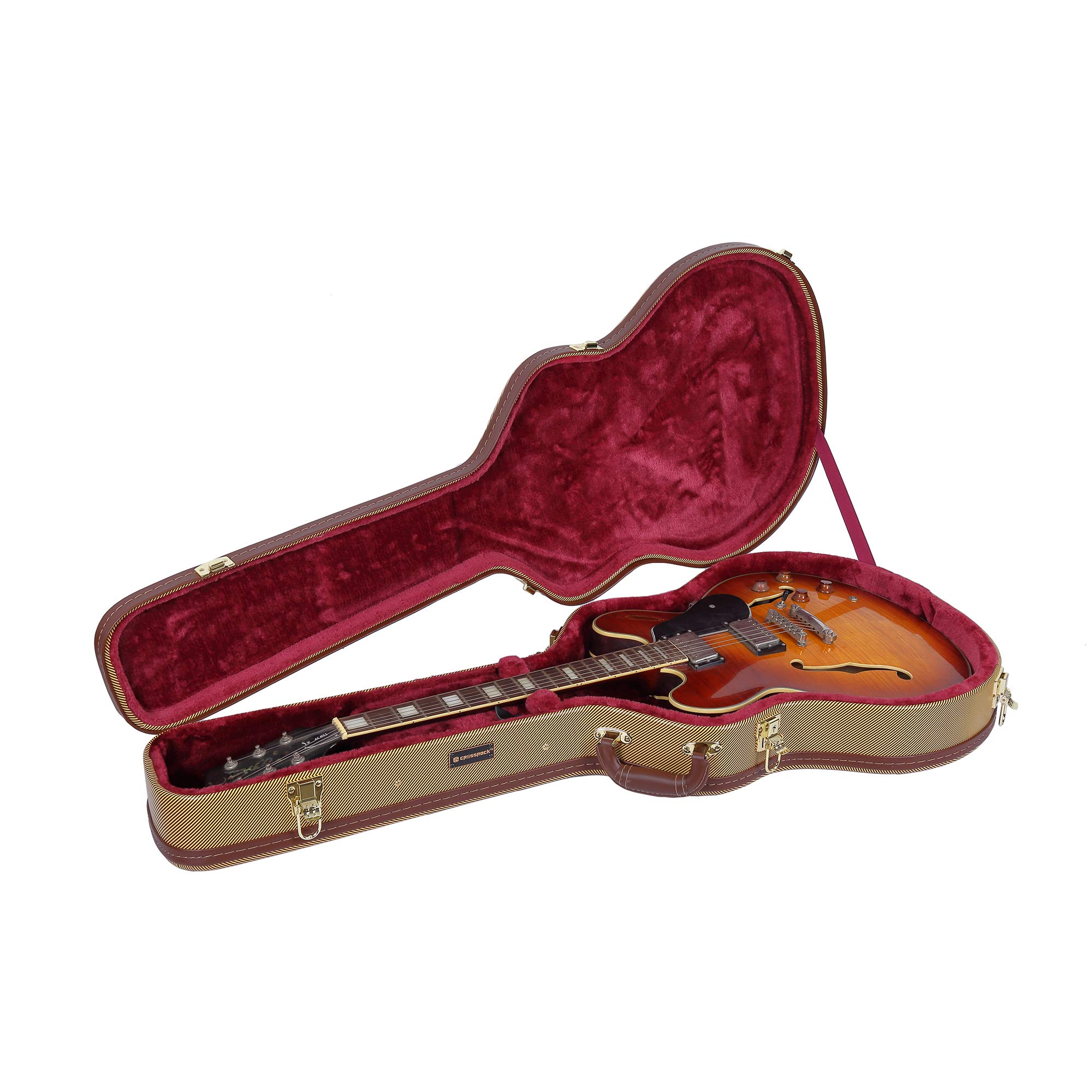 Premium Crossrock Wooden Guitar Case for 335 Style 6-String Semi-Hollow Electric Guitars - Durable Stainless Steel Latches, Protective Sponge Lining, Metal Feet & Storage Space - Vinyl Tweed (CRW620SATW) - Perfect for Gigging Musicians & Professional Storage