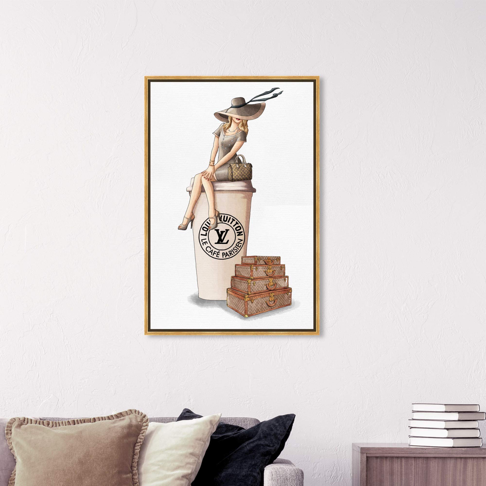 Oliver Gal Artist Co. 'Cafe au Lait Paris' Fashion Wall Art - 24x36 Inch Framed Canvas Print in Brown | Handbag & Glam Decor for Living Room, Bedroom & Office