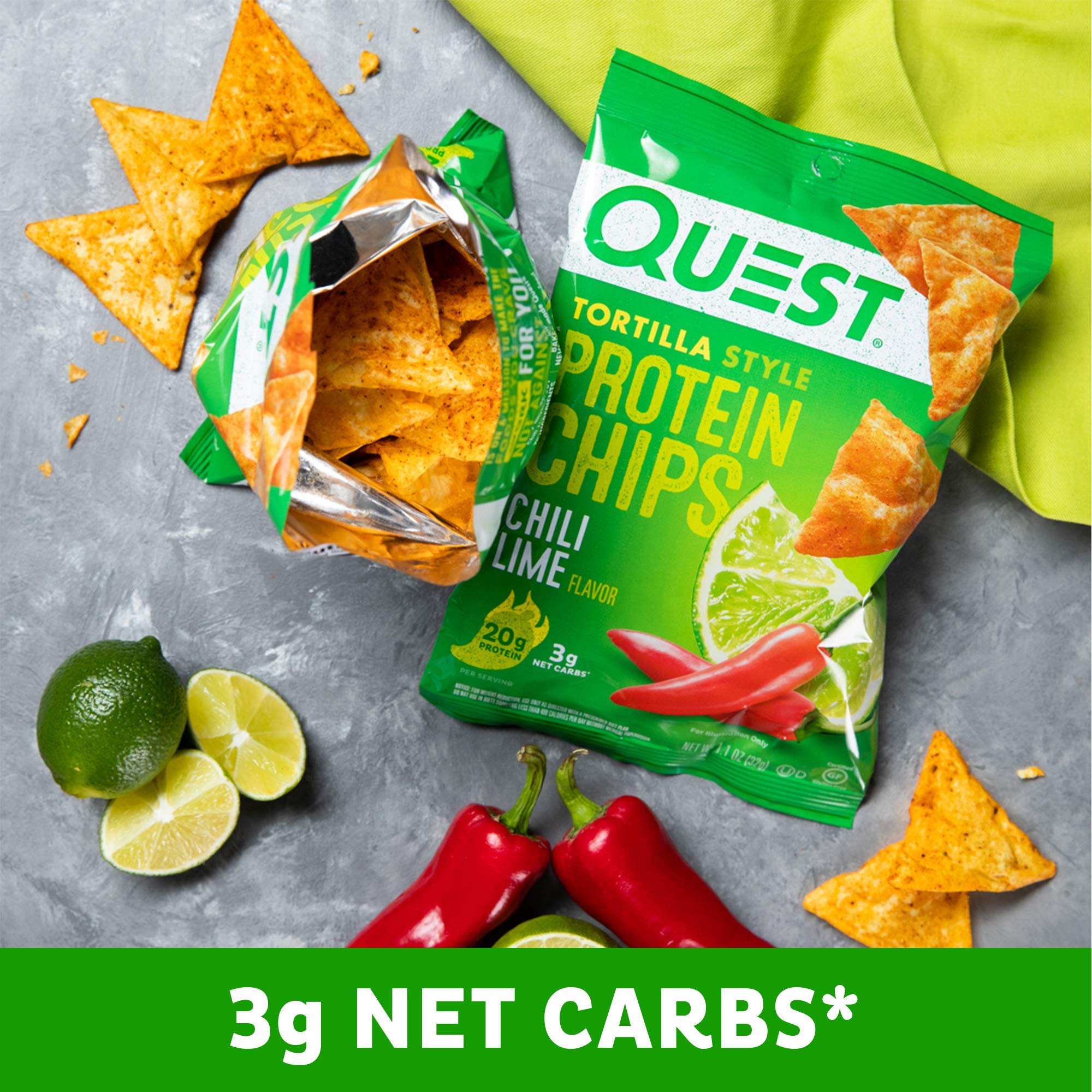 Quest Nutrition Chili Lime Tortilla Style Protein Chips - High Protein 20g, Low Carb 3g Net Carbs, Gluten Free, Keto Friendly Snack - 1.1oz Pack of 12 - Perfect for On-the-Go, Workouts & Healthy Lifestyle