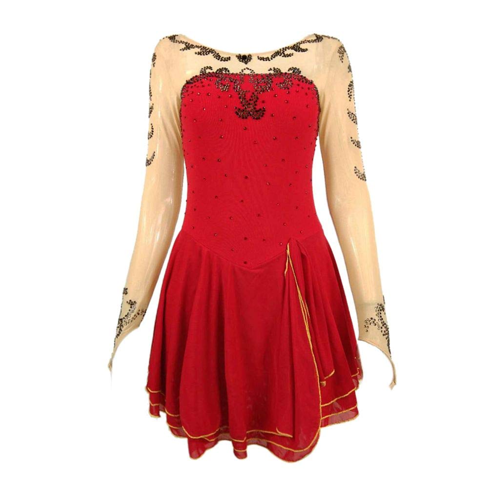 Elegant Red Figure Skating Dress for Women & Girls - Long Skirt Performance Competition Dance Costume - Perfect for Ice Shows, Competitions, and Dance Performances