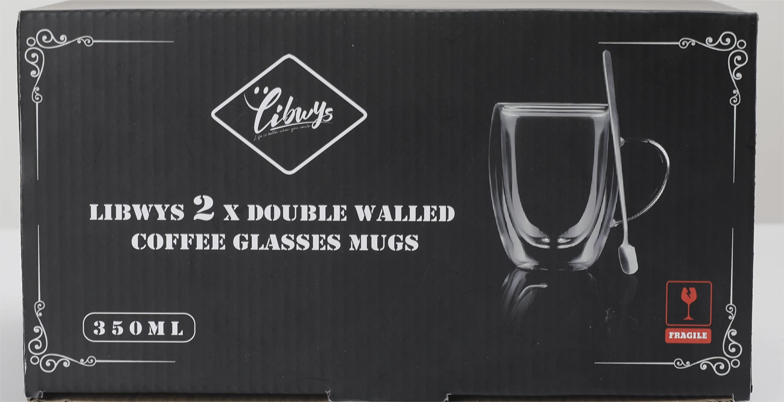 LIBWYS 2 Pack 350ml Double Walled Insulated Coffee Mugs with Lids & Spoons - Heat Resistant Glass Cups for Cappuccino, Latte, Tea - Perfect for Home, Office & Cafe Use