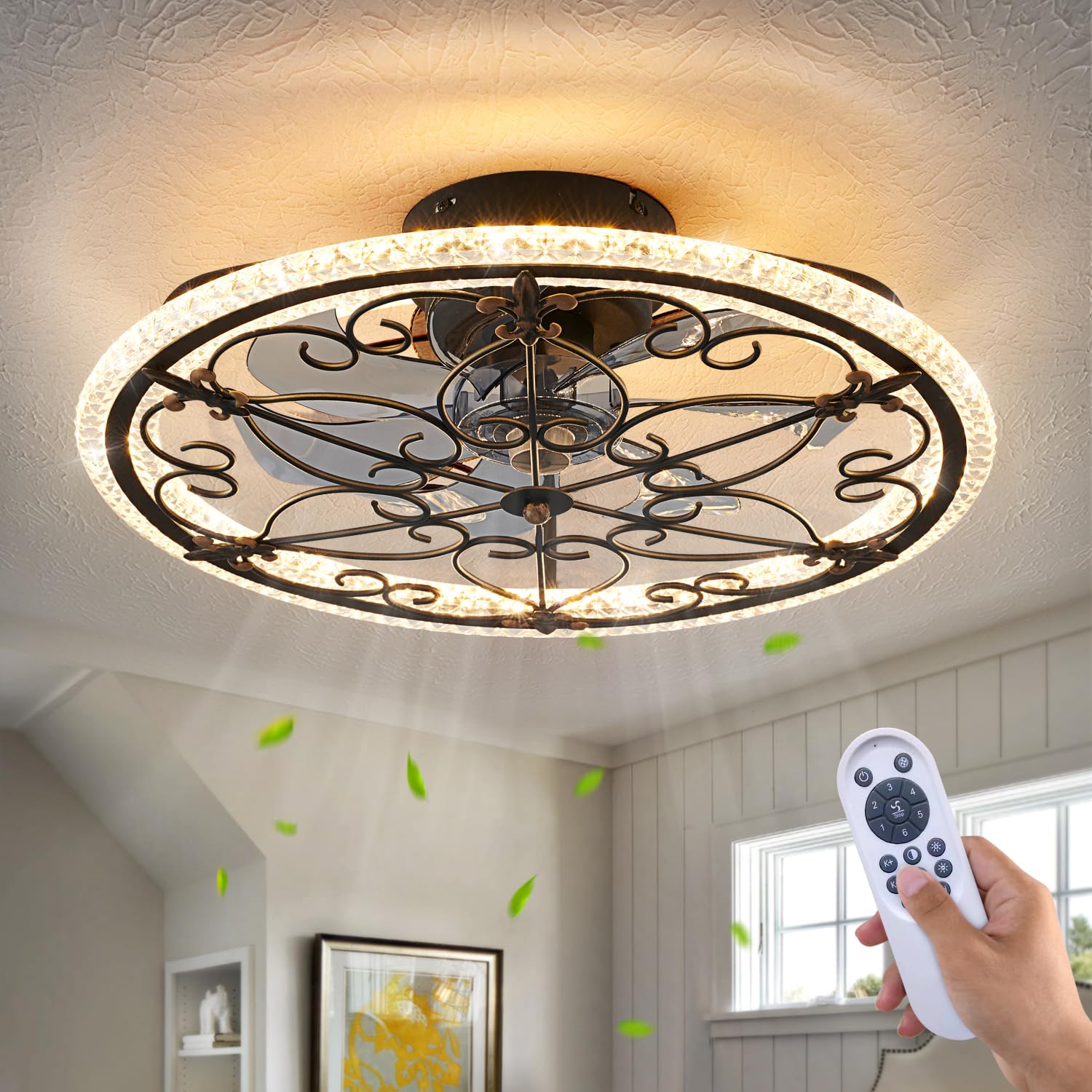 HuixuTe 52 Inch Caged Ceiling Fan with LED Light and Remote Control, 6 Speed Adjustable Industrial Farmhouse Ceiling Fan for Kitchen, Bedroom, Living Room - Perfect for Home Cooling and Stylish Interior Decor