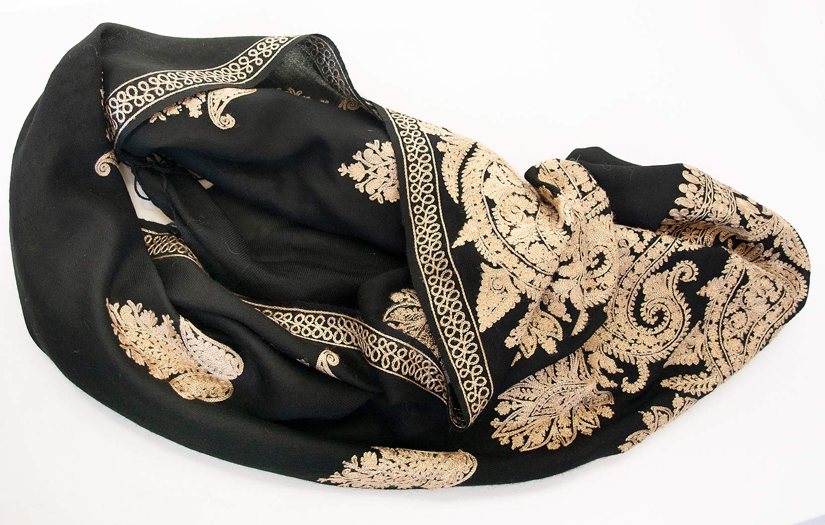 Elegant Black Crewel Embroidered Wool Shawl with Dense Gold Floral Paisley Design - 80x28 Inch Warm Winter Stole Wrap for Women, Perfect for Weddings, Parties & Cold Weather Fashion