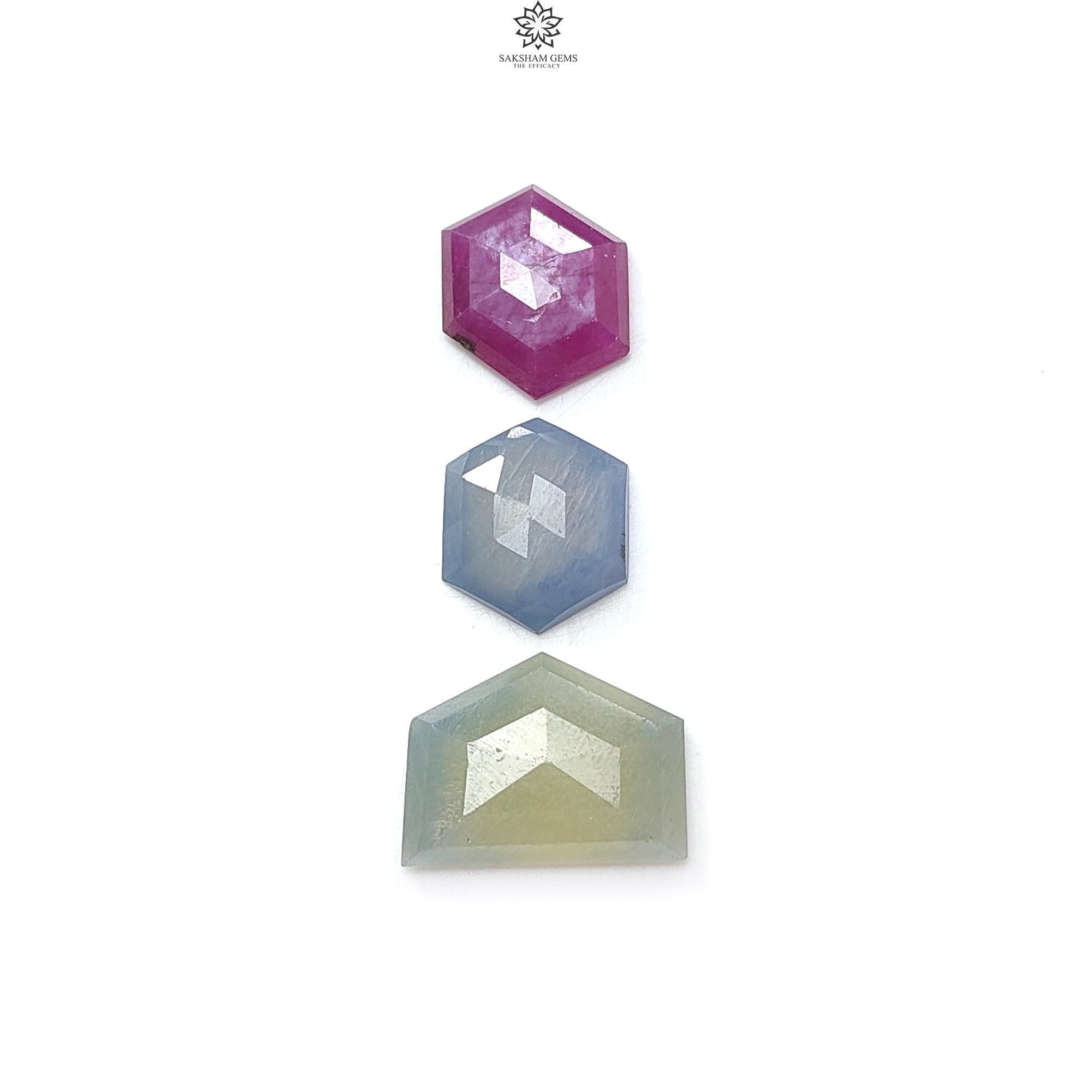 Natural Untreated Multi Sapphire Gemstone Step & Rose Cut Slices - 3pcs Faceted Pear & Hexagon Shape for Jewelry Making, Engagement Rings & DIY Crafts | Perfect for Necklaces, Earrings & Bracelets