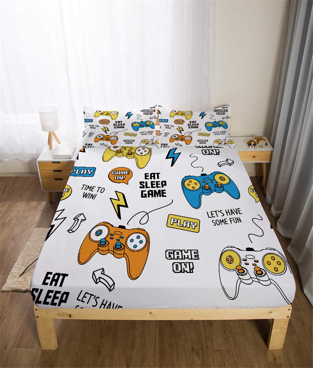 MKikeJoy Queen Size Gamer Bedding Set - 3 Piece Video Game Themed Sheets (1 Fitted Sheet + 2 Pillowcases) | Soft, Breathable Cotton for Kids, Boys, Girls & Teens | Perfect for Gaming Rooms, Sleepovers & Teen Bedrooms