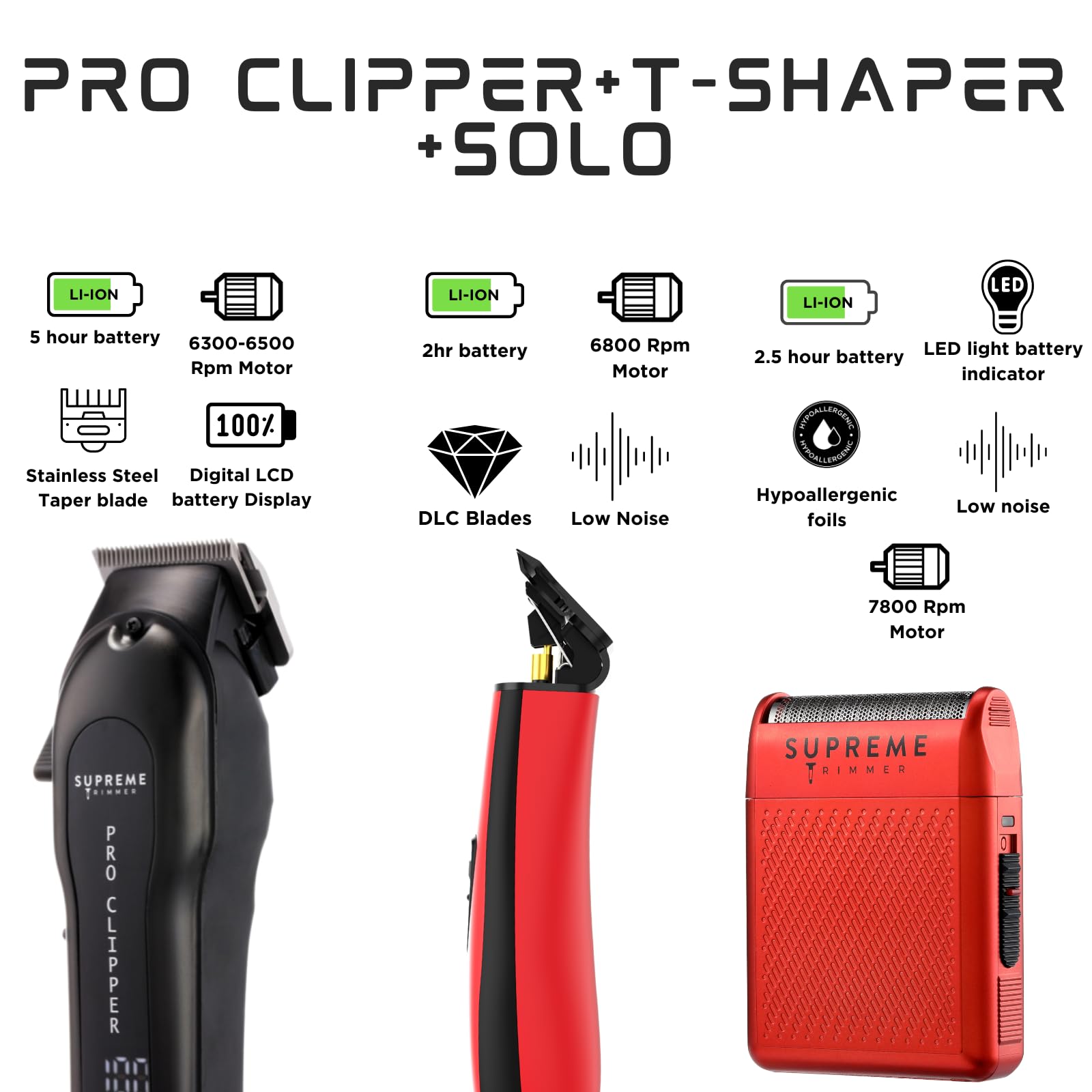Supreme Trimmer 3-in-1 Professional Barber Kit | Pro Hair Clipper, DLC T-Shaper Trimmer & Solo Foil Shaver | Men's Beard & Hair Grooming Set (Red) | Perfect for Home Use, Barbershops & Travel