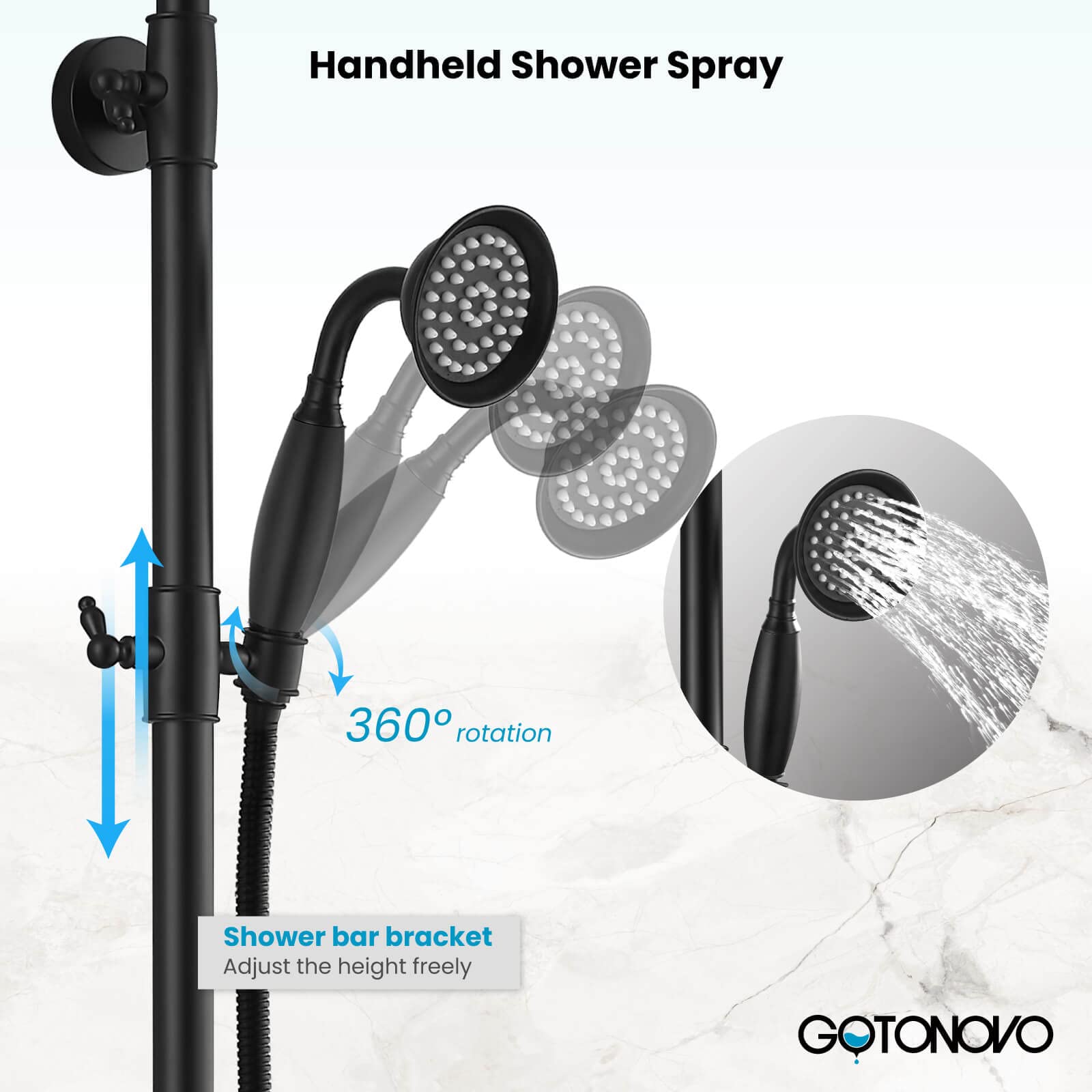 Gotonovo Matte Black 8 Inch Exposed Bathroom Shower System - Round Rainfall Shower Head with Adjustable Handheld Spray, Wall Mounted Double Lever Handles, Tub Spout - Triple Function Shower Fixture Set for Modern Bathroom Renovation (Ideal for Spa-Like Experience & Water Saving)
