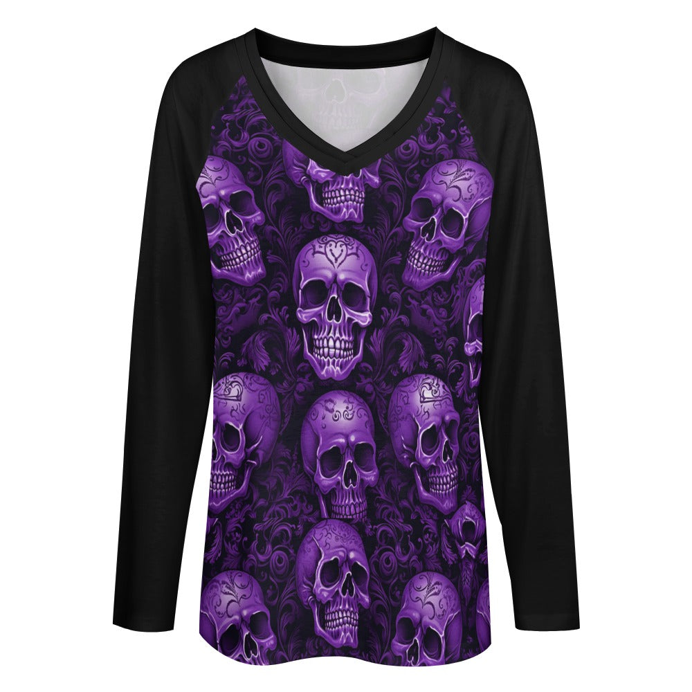 Gothic Purple Skull Print Long Sleeve Loose Fit T-Shirt for Men & Women | Streetwear, Halloween Costume, Punk Fashion