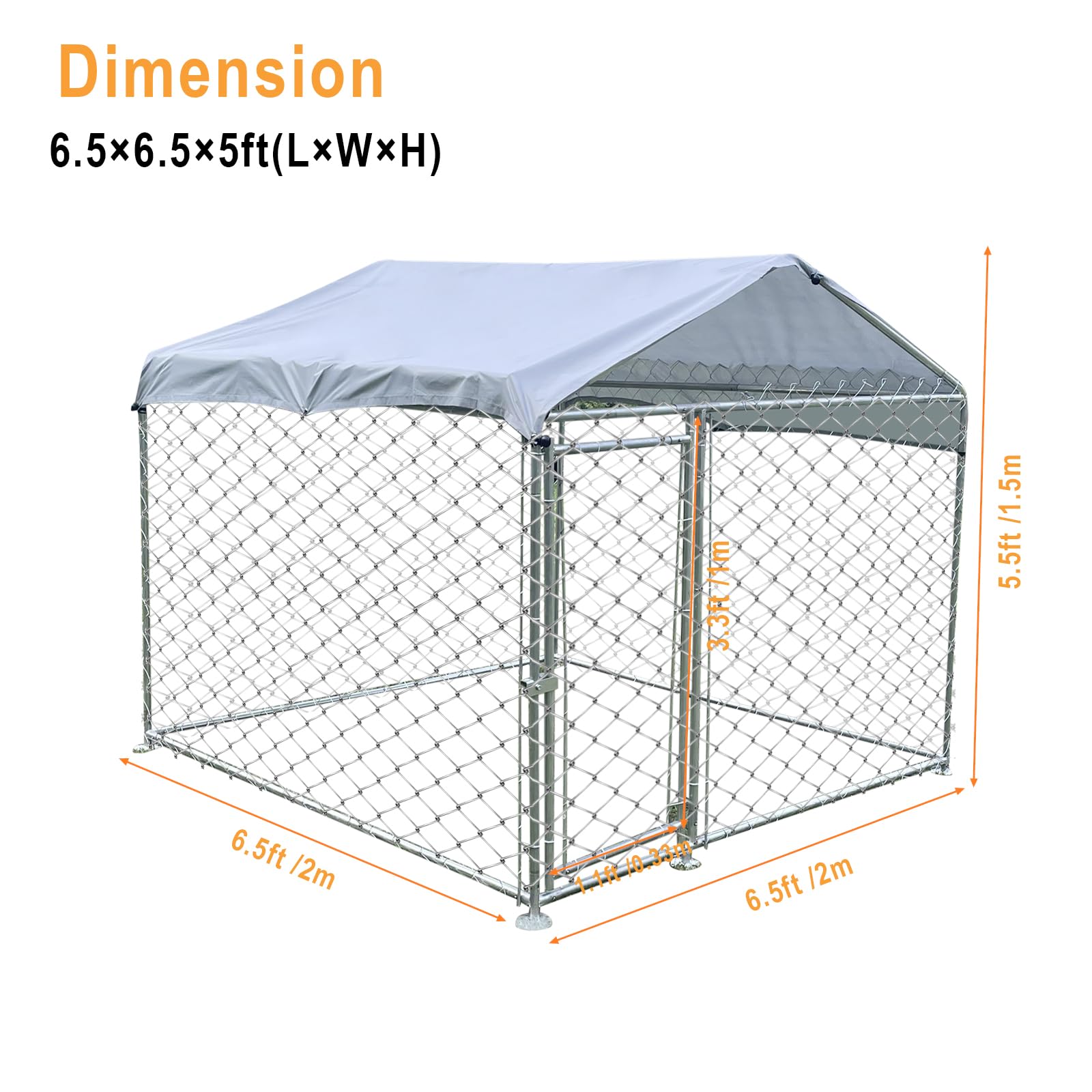 6.6 x 6.6FT Heavy Duty Outdoor Dog Kennel with Roof - Rust-Proof Chain Link Dog Cage for Backyard, Waterproof & UV-Resistant Cover - Perfect for Large Dogs, Pet Safety & Outdoor Playtime