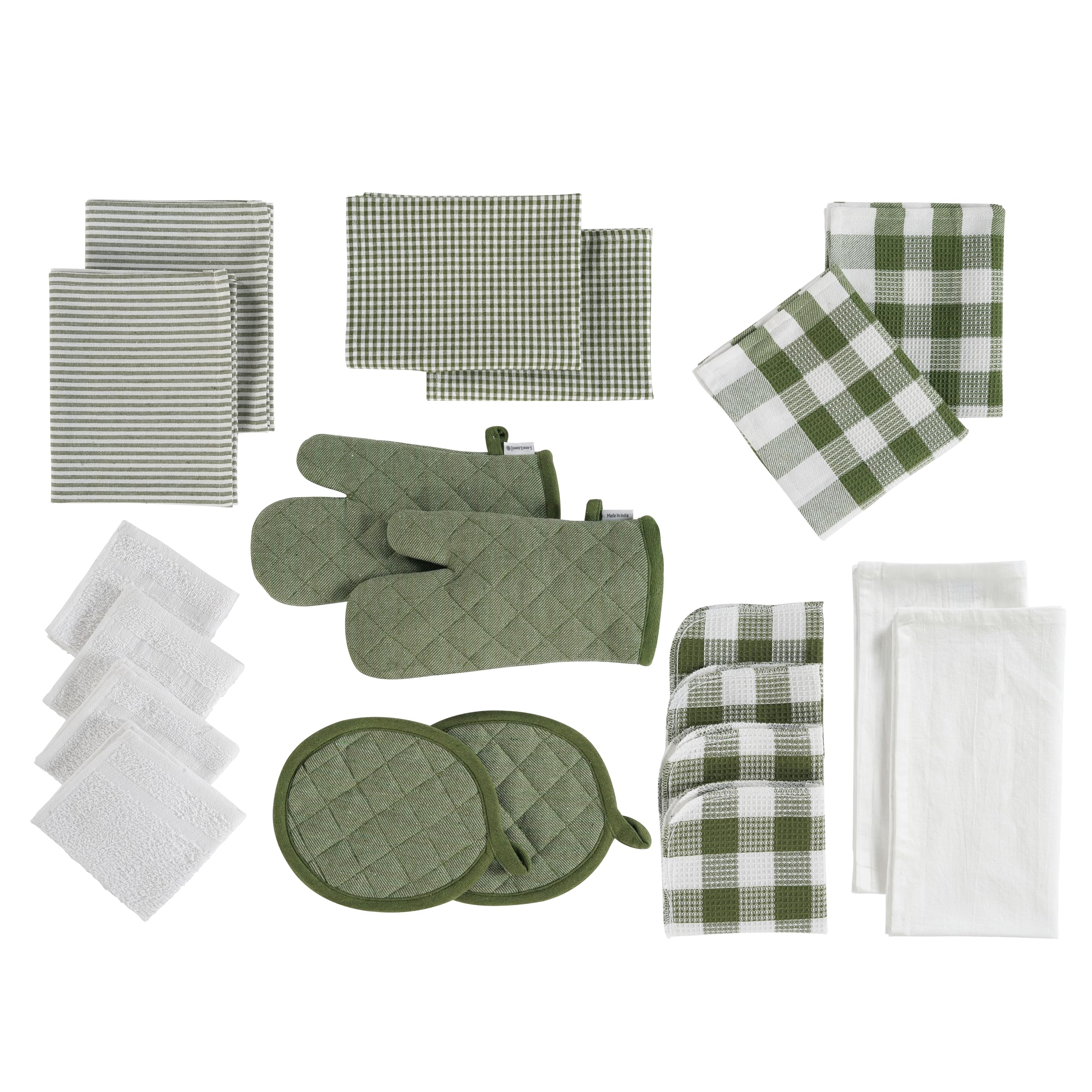 LANE LINEN 20-Piece Dish Towel Set - 100% Cotton Kitchen Towels, Heat Resistant Oven Mitts & Pot Holders (350°F) - Olive Green - Perfect for Dishwashing, Cooking & Baking