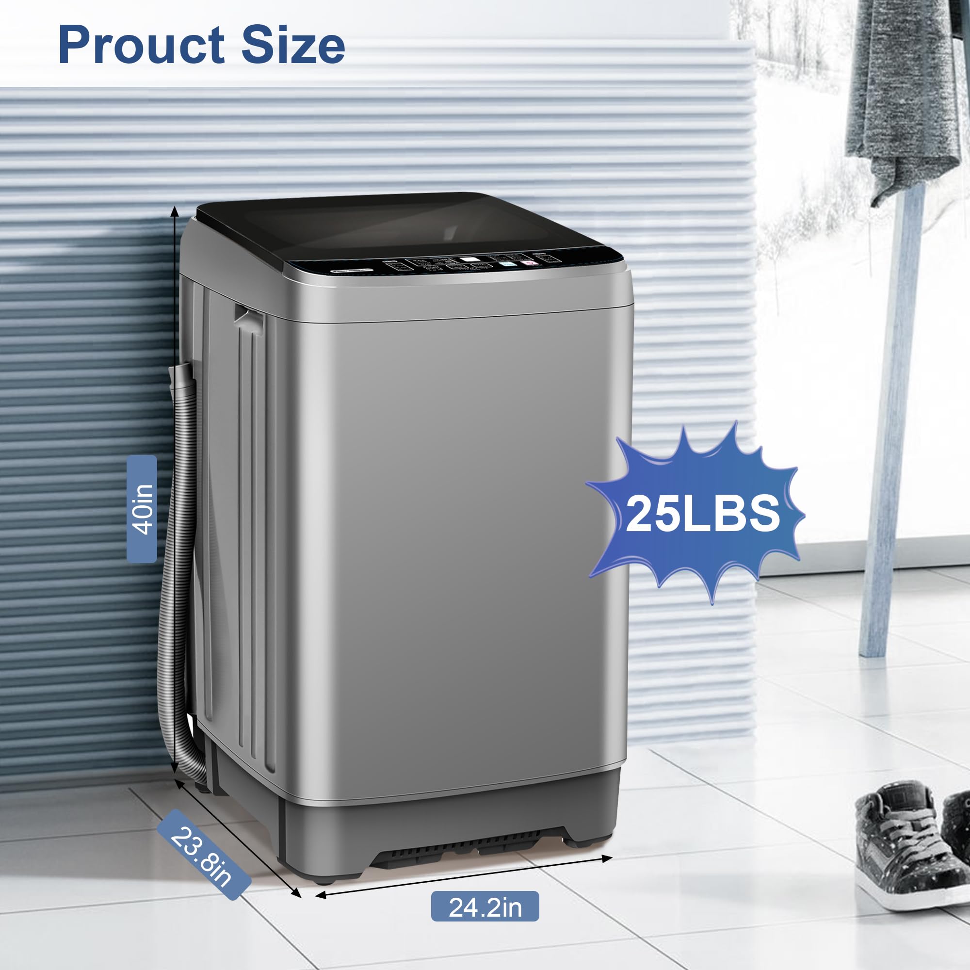 Portable Washing Machine 25 lbs - Full Automatic Compact Washer with 10 Wash Programs & 8 Water Levels - Low Noise Laundry Machine with LED Display - Perfect for Apartments, RVs, Camping & Small Spaces (Grey)