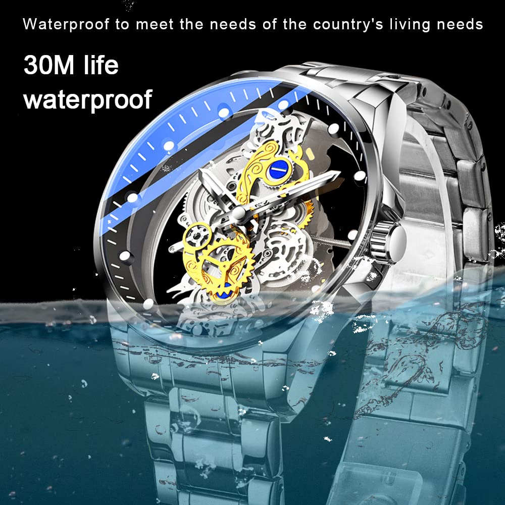 Tiong Men's Stainless Steel Waterproof Skeleton Quartz Watch - Clear Cover Business Dress Watch for Men | Perfect for Office, Formal Events & Everyday Wear