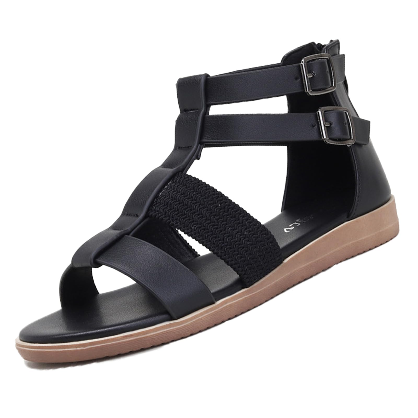 NEKGNL Women's Leather Gladiator Sandals - Dual Buckle Bohemian Flat Sandals with Round Open Toe & Back Zipper | Breathable Roman Style Summer Sandals for Beach Walking, Vacation & Casual Outfits