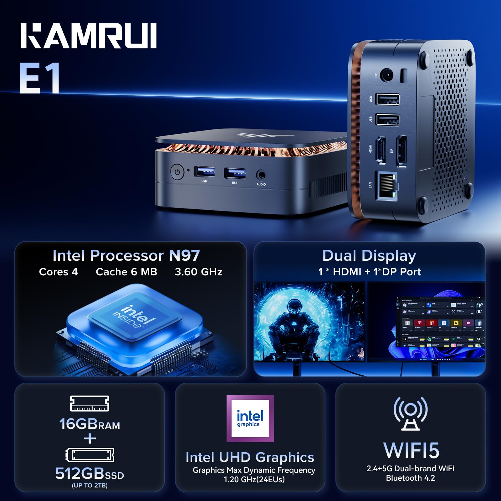 KAMRUI AK1PLUS Mini PC - Intel Alder Lake N97 Processor (Up to 3.6GHz), 16GB RAM 512GB SSD, Compact Desktop Computer with 2.5
