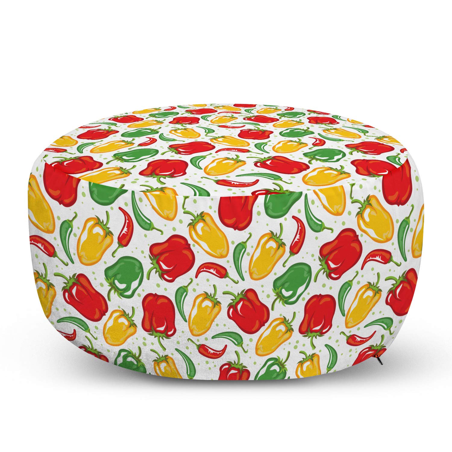 Ambesonne Peppers Ottoman Pouf - Colorful Paprika Pods & Polka Dots Decorative Foot Rest with Removable Cover for Living Room, Bedroom - White & Multicolor - Perfect for Home Decor, Lounge Seating & Extra Storage