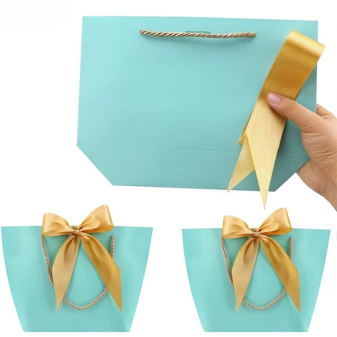 SATYAM KRAFT 6-Piece Light Blue Gift Paper Bags with Golden Bow Handles - Perfect for Christmas, Birthday, Wedding Favors & Party Favors | Elegant Goodie Bags for Holiday Gifting, Seasonal Celebrations & Special Occasions