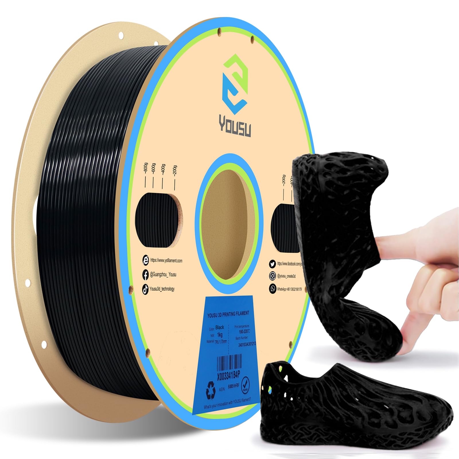 YOUSU TPU Filament 1.75mm 1kg Spool (2.2 lbs) - 95A Flexible 3D Printing Filament for Soft, Durable Creations - Perfect for Phone Cases, Wearables & Industrial Prototypes