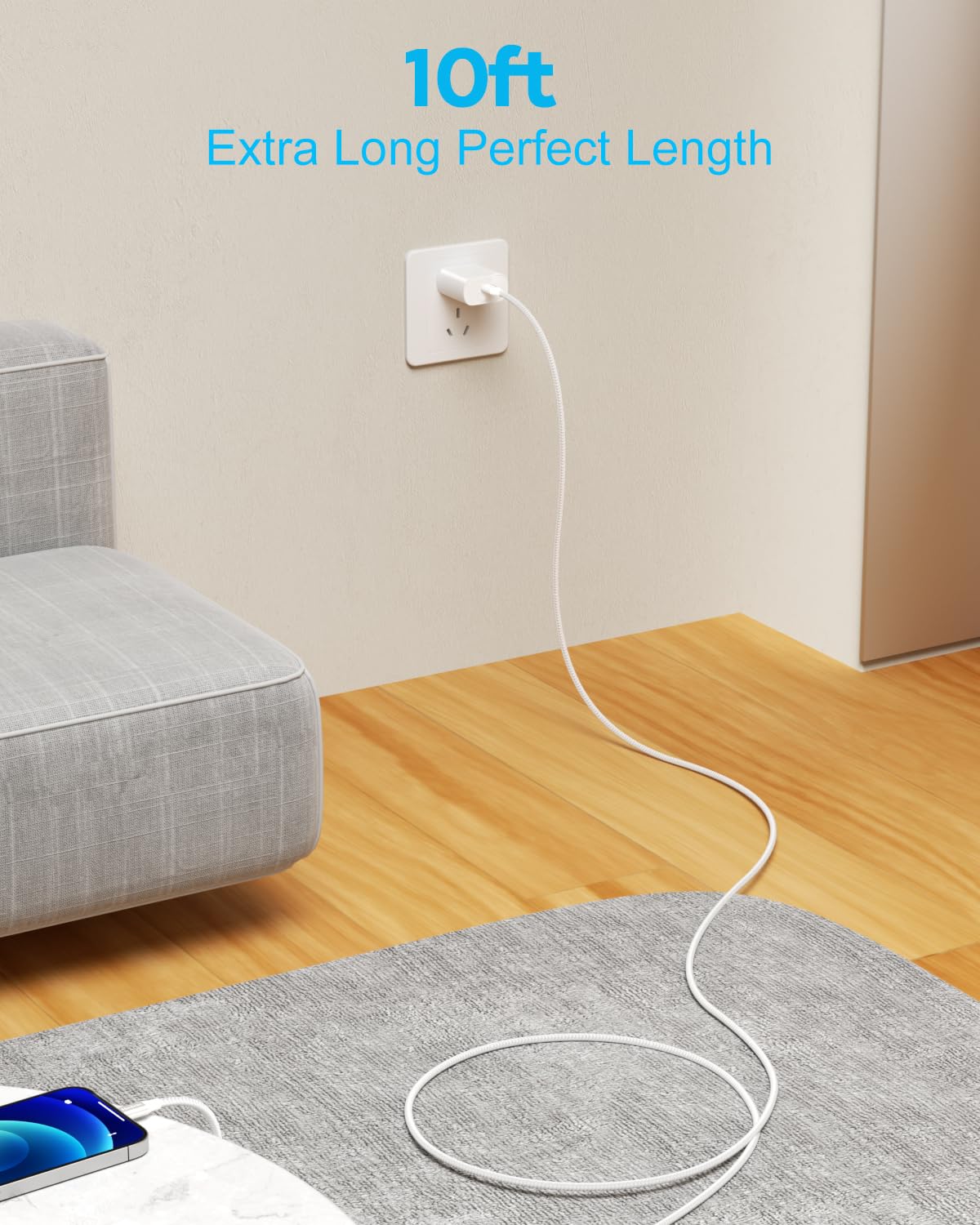 Premium 10ft USB C to USB C Cable - 65W Fast Charging Cord for iPhone 15 Pro Max/Plus, MacBook Air/Pro, Samsung Galaxy S23 & Nintendo Switch - Perfect for Home, Office & Travel Charging