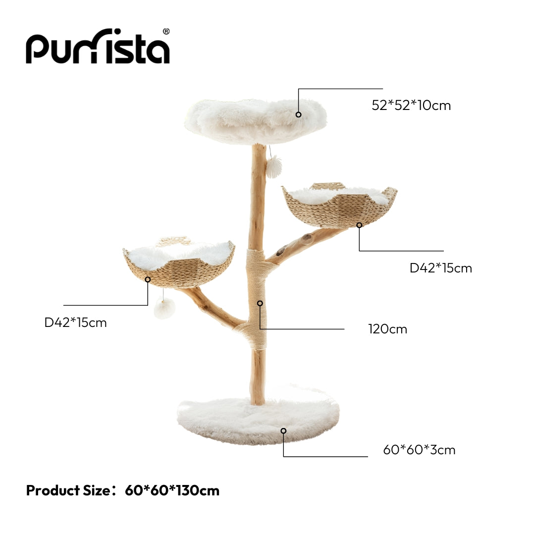 130cm Purrista Natural Wood Cat Tree with Basket - Multi-Level Scratching Post & Perch for Indoor Cats, Perfect for Play, Rest & Climbing in Home or Office