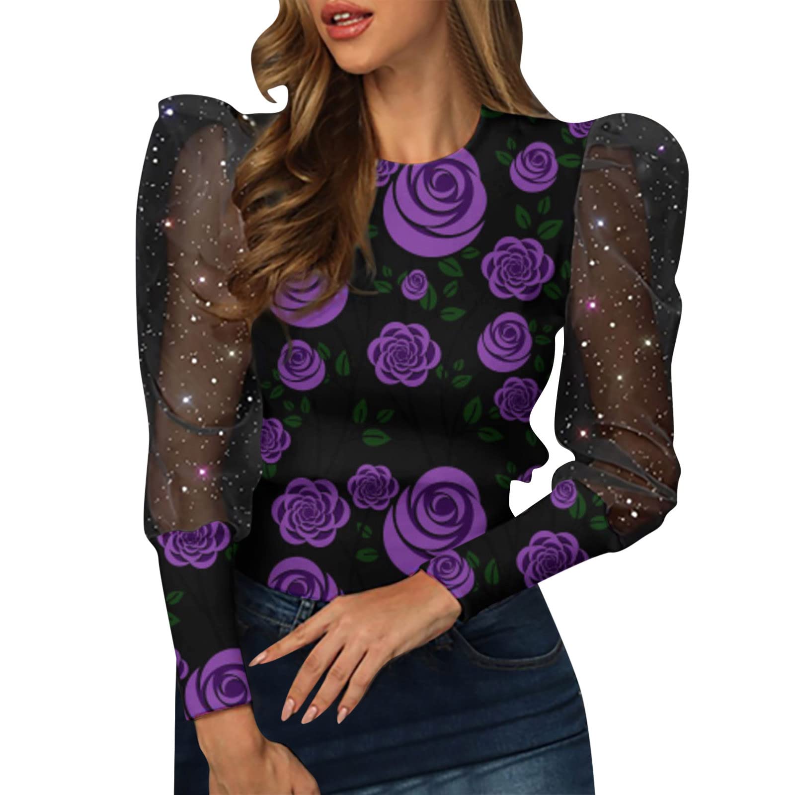 2022 Women's Elegant Lace Long Sleeve Blouse - Sexy Round Neck Printed Top for Casual Wear, Office & Date Night Outfits