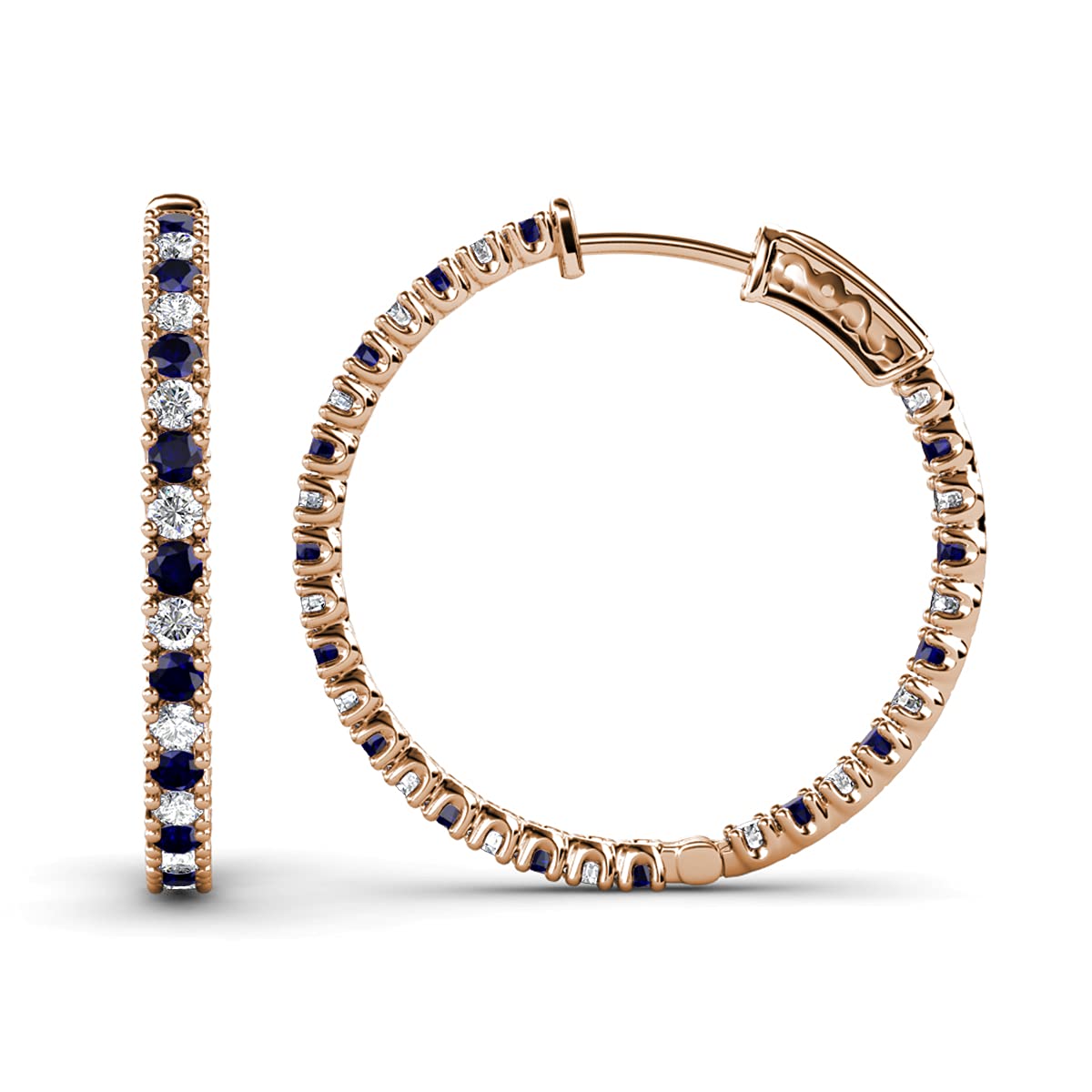 14K Rose Gold Blue Sapphire & Natural Diamond Inside-Out Hoop Earrings (1.85 ctw, 2mm) - Perfect for Weddings, Parties & Special Occasions