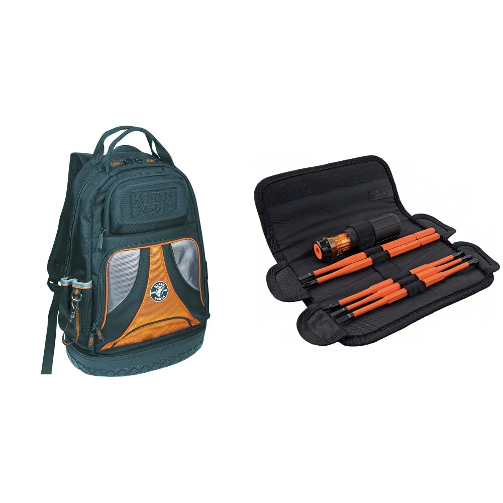 Klein Tools Tradesman Pro Tool Organizer Backpack with 39 Pockets & 8-in-1 Insulated Screwdriver Set - Perfect for Electricians, Contractors & DIY Home Improvement Projects