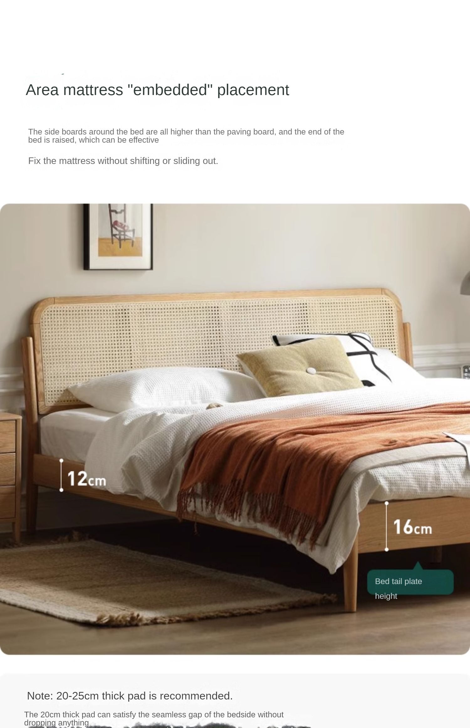 Solid Oak Wood Rattan Bed Frame - Queen Size, Natural Finish - Perfect for Bedroom, Guest Room & Farmhouse Decor