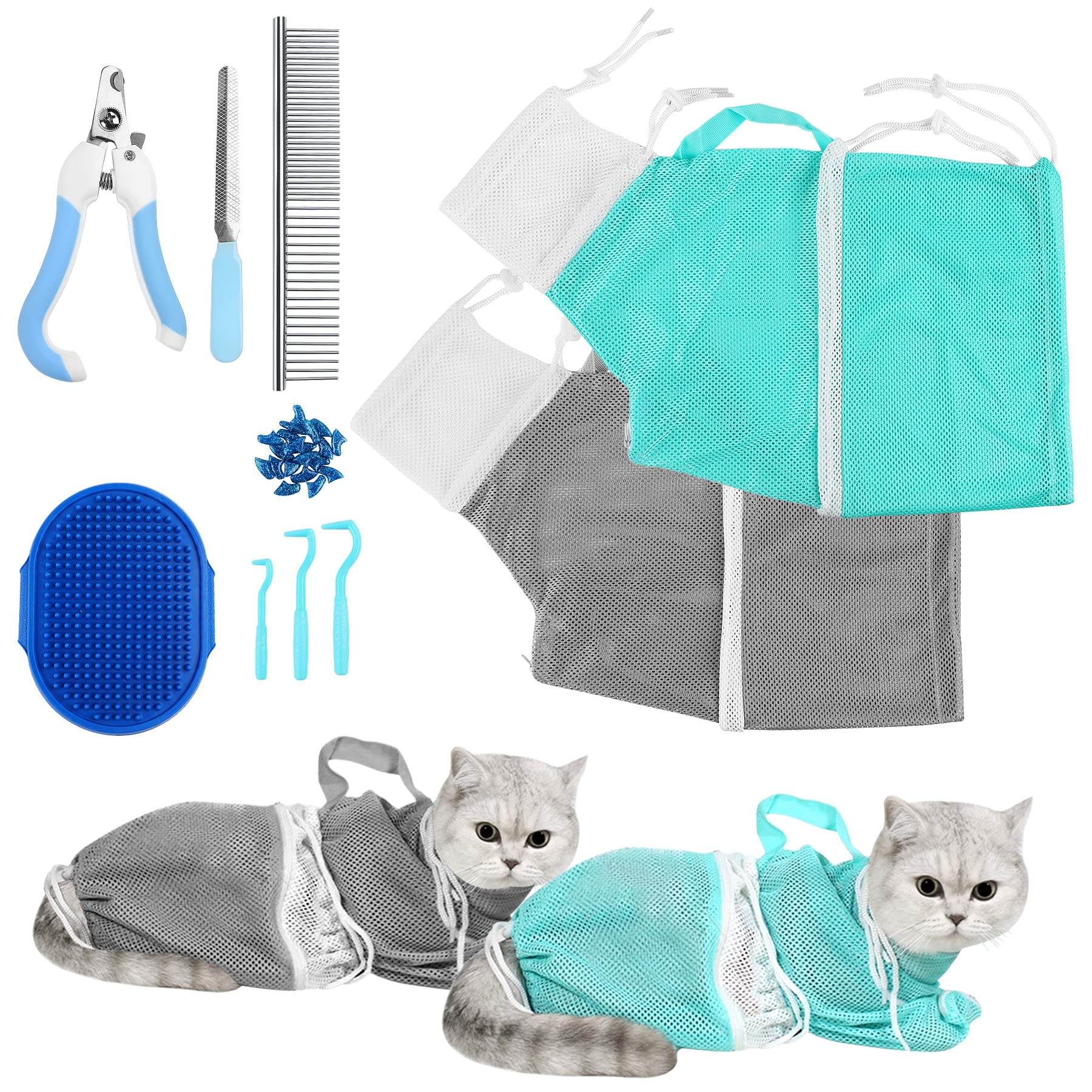 JULMELON 10-Piece Cat Grooming Kit - Adjustable Cat Shower Bag, Pet Brush, Nail Clipper, Nail File, Hair Comb, Tick Tool & Nail Caps for Bathing, Nail Trimming & Vet Exams (Grey + Green) - Perfect for Home Pet Care & Professional Grooming Sessions