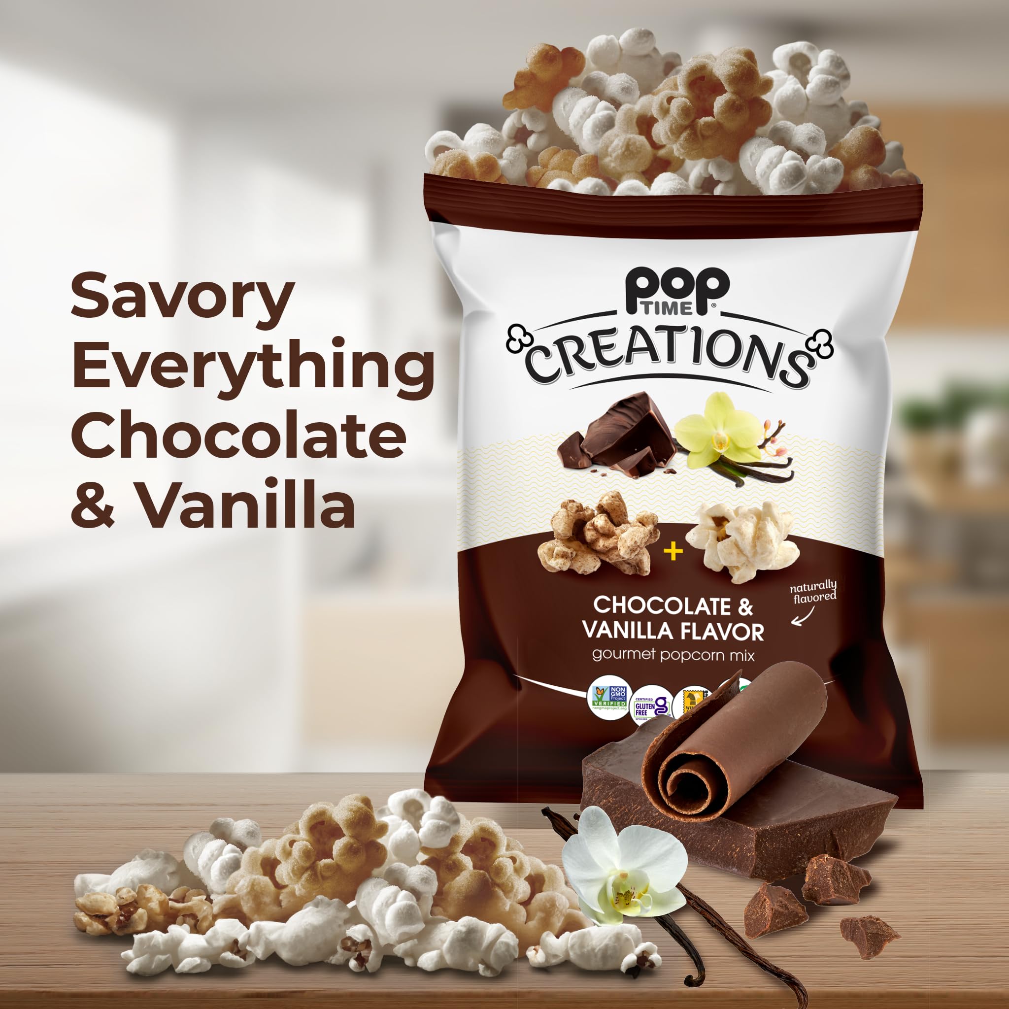 Poptime Creations Chocolate & Vanilla Flavored Popcorn - 6 Pack (5 Oz Bags) | Non-GMO, Gluten-Free, Vegan, Kosher Snacks | Whole Grain Healthy Treat for Movie Nights, Parties & Gifts
