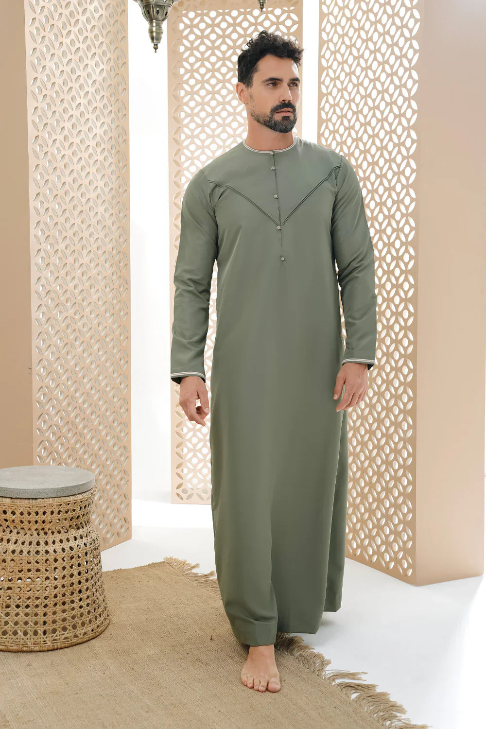 Premium Emirati Faris Thobe Jubba for Men - Olive Green Traditional Arabic Robe - Perfect for Eid, Weddings & Special Occasions