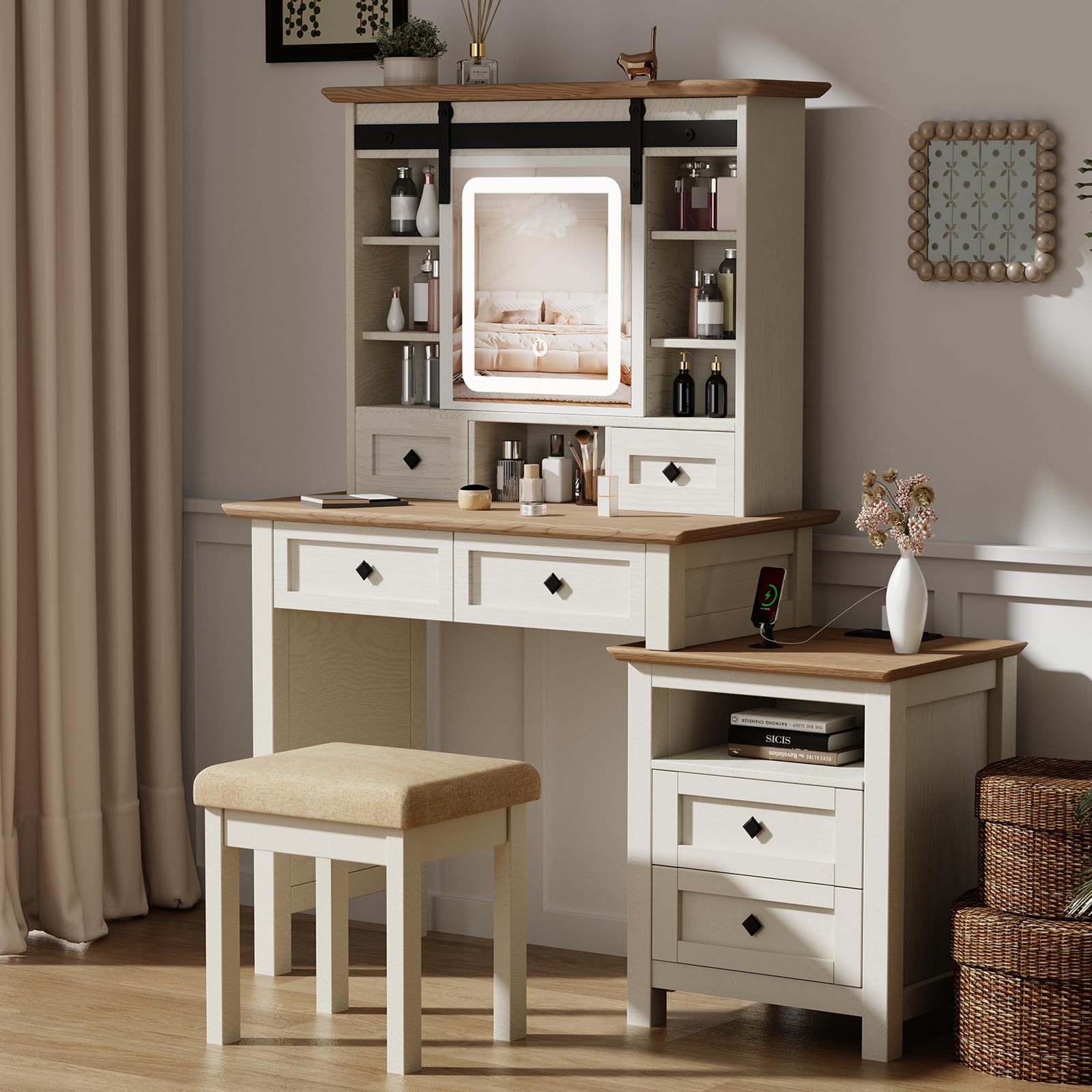 Farmhouse Makeup Vanity Desk with Sliding Mirror, LED Lights & Charging Station - Antique White Vanity Table Set with 6 Drawers, Nightstand & Stool for Bedroom | 3 Color Lighting Options | Perfect for Women & Girls Makeup Routine (UBDT56W)