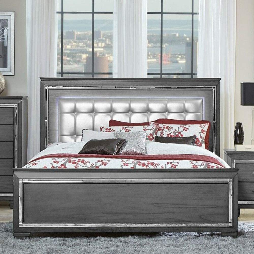 Modern Grey Silver LED Mirrored King Size Bed Frame with Wooden Accents - 80